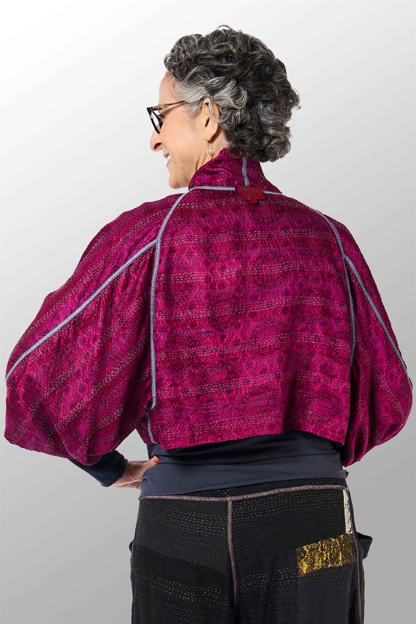 GEORGETTE JACQUARD VINTAGE SILK PATCH KANTHA PUFF SLV. SHRUG - gj2062-0003a -