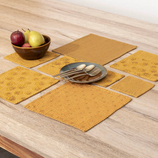 Printed Fray Handmade  Kantha Coasters - Golden (Set of 2)