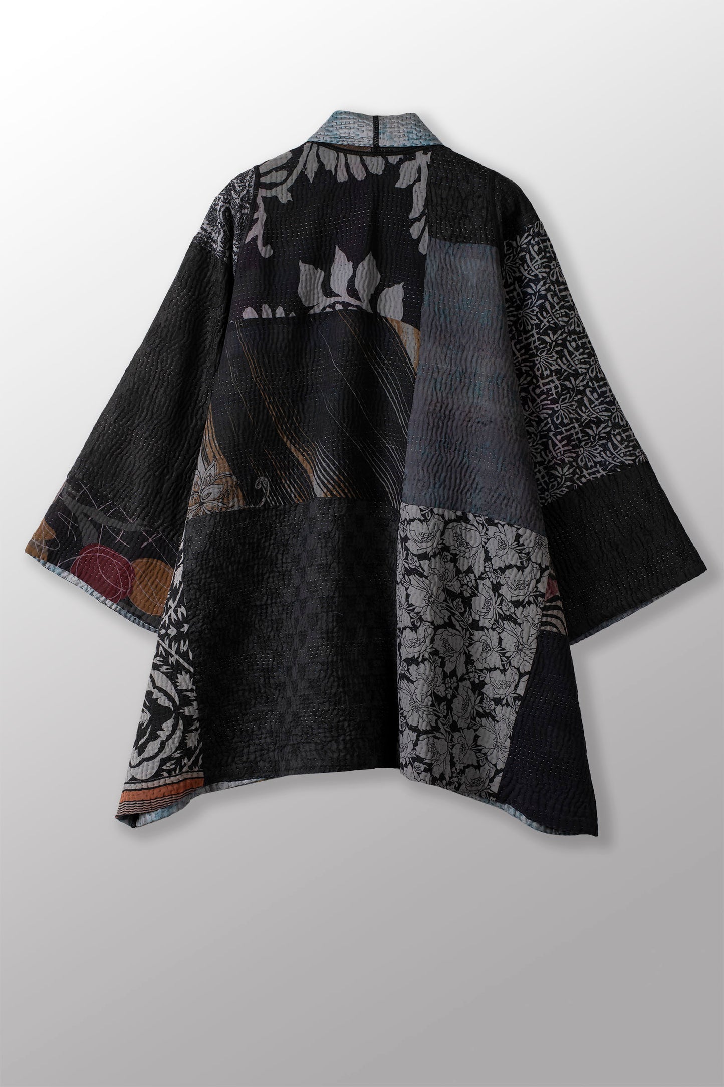 GEORGETTE JACQUARD VINTAGE SILK PATCH KANTHA A-LINE JACKET - gj4003-blk -