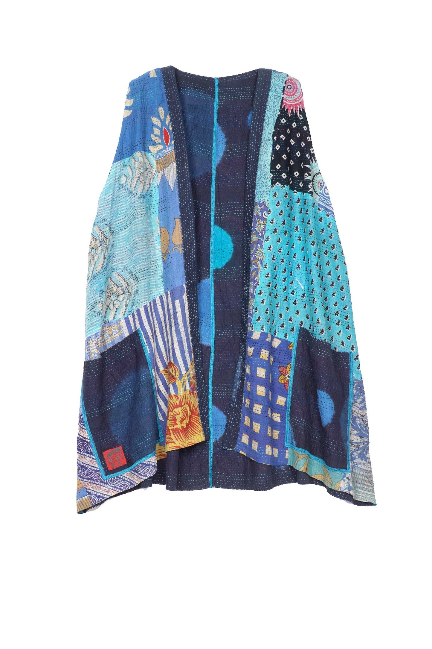 PATCH & CIRCLE PRINT KANTHA BELL SHAPE LONG VEST - pc2225-blu -