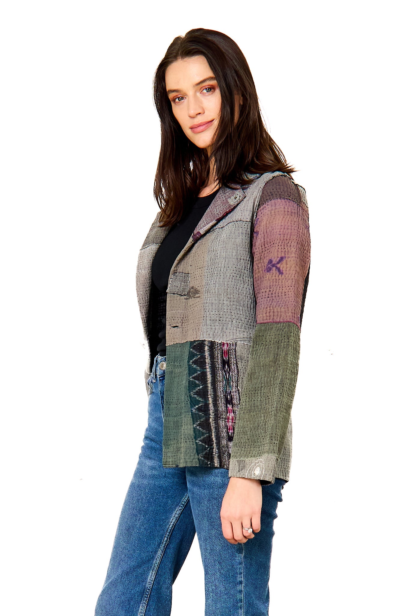WOVEN IKAT & FRAYED PATCH KANTHA SIMPLE JKT - wk4022-gry -