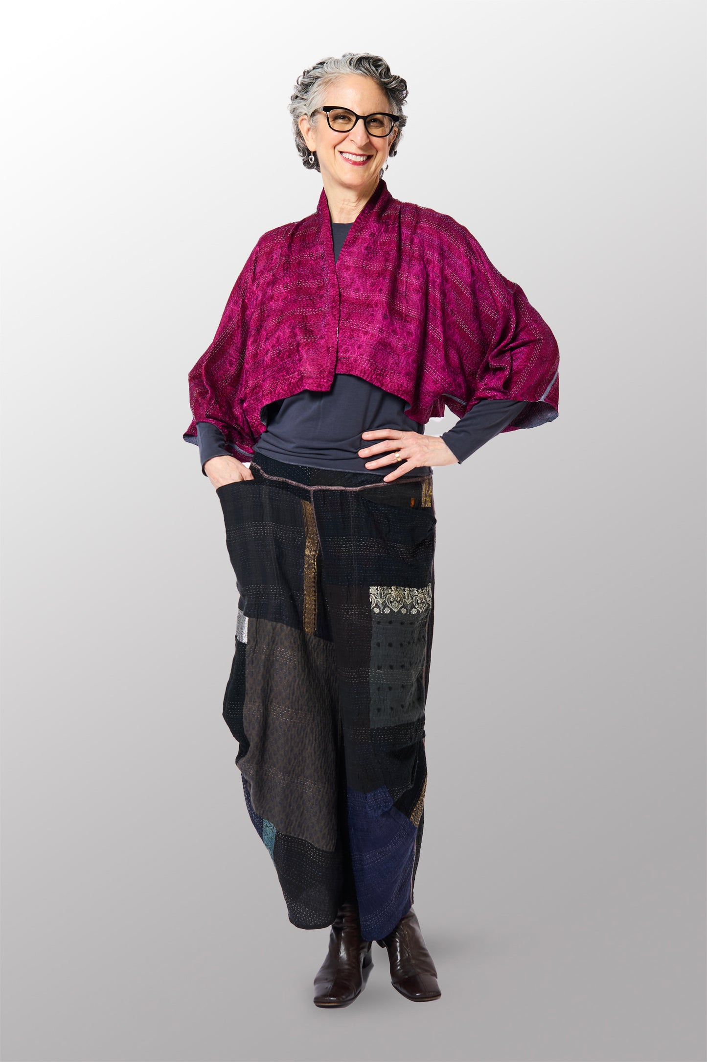 GEORGETTE JACQUARD VINTAGE SILK PATCH KANTHA PUFF SLV. SHRUG - gj2062-0003a -