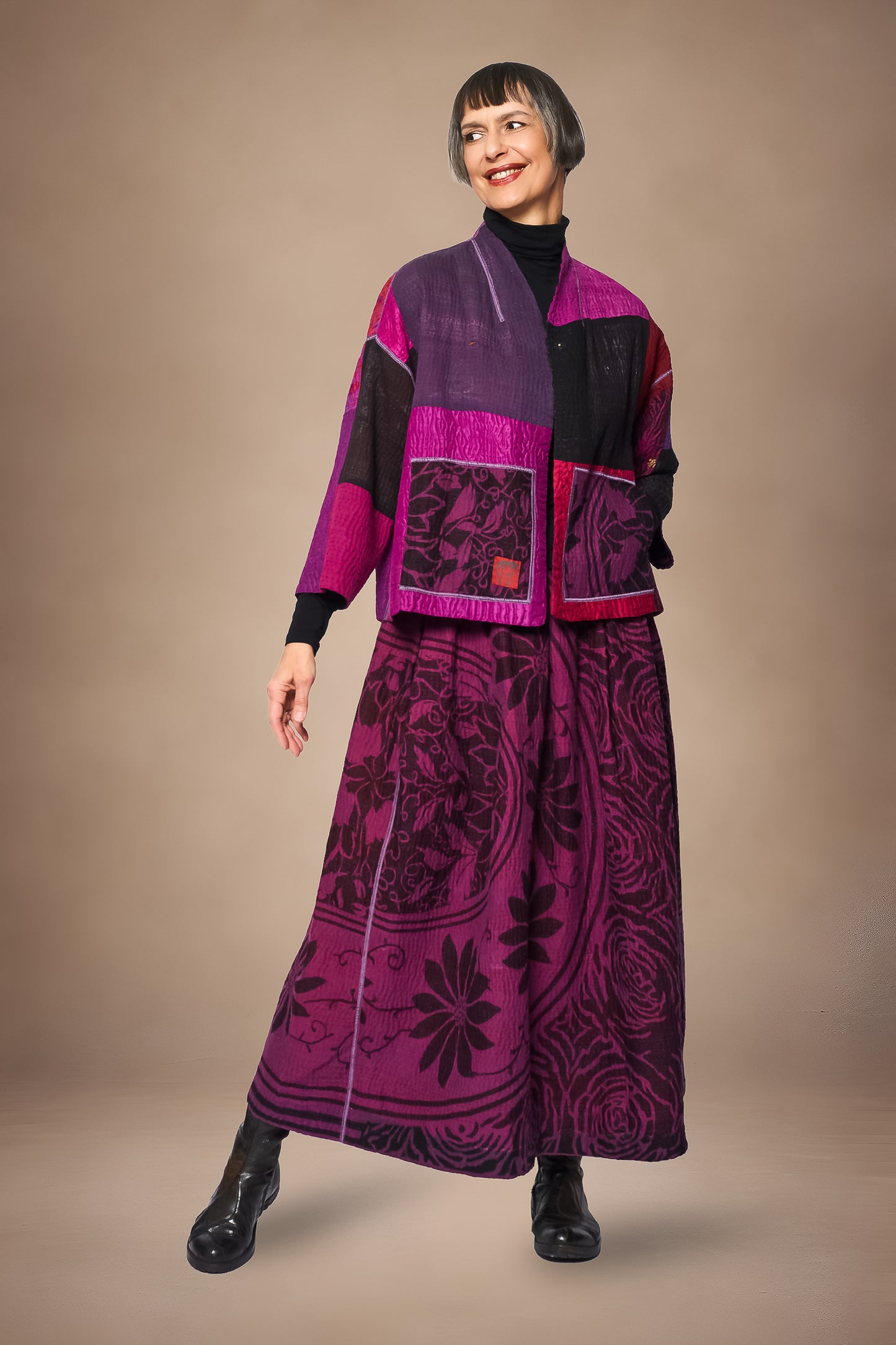 AMETHYST COTTON SILK KANTHA STAND COLLAR CROPPED JACKET - oc4034-prp -