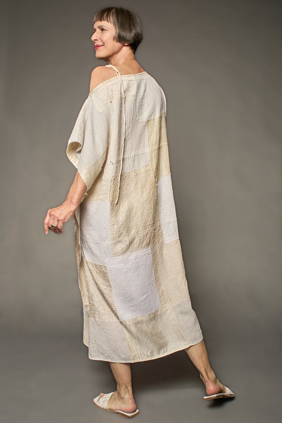 HALF SILK PATCH KANTHA ASYMMETRIC TUBE DRESS - hs2472-ivy -
