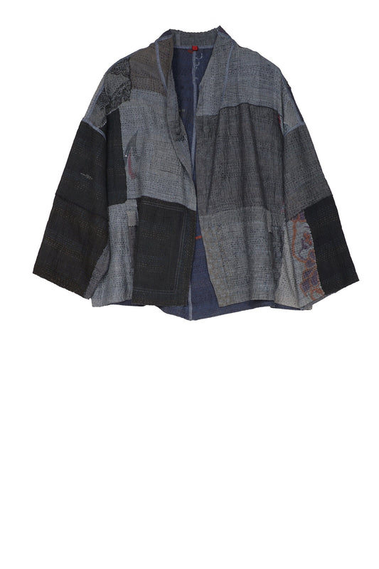 FRAYED PATCH KANTHA STAND COLLAR CROPPED JKT - fi2034-gry -