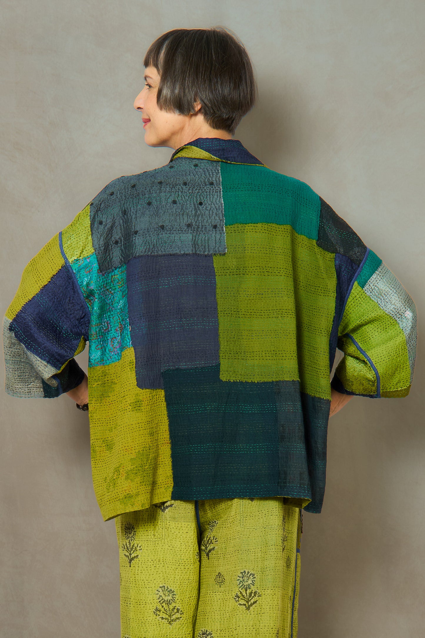 MARBLE FRAY PATCH KANTHA CROPPED TENT SHIRT - mf2596-grn -