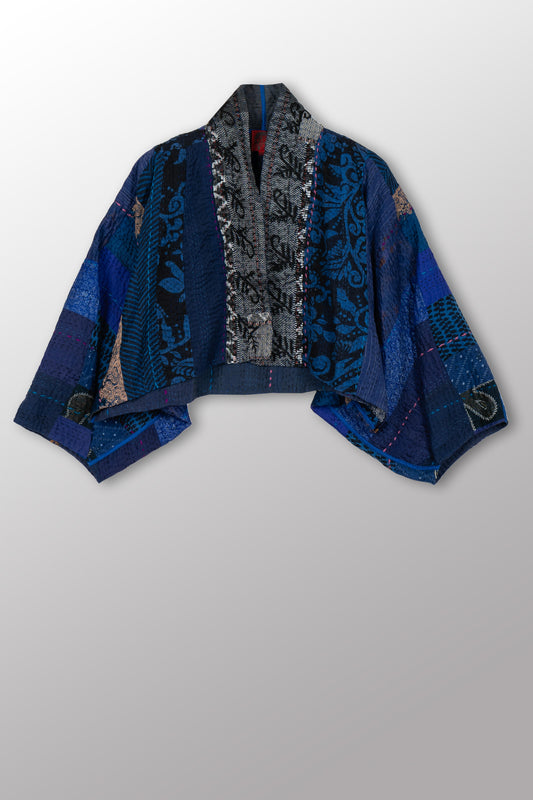 STRIPE RALLIS KANTHA PUFF SLV. SHRUG - pr4062-blu -