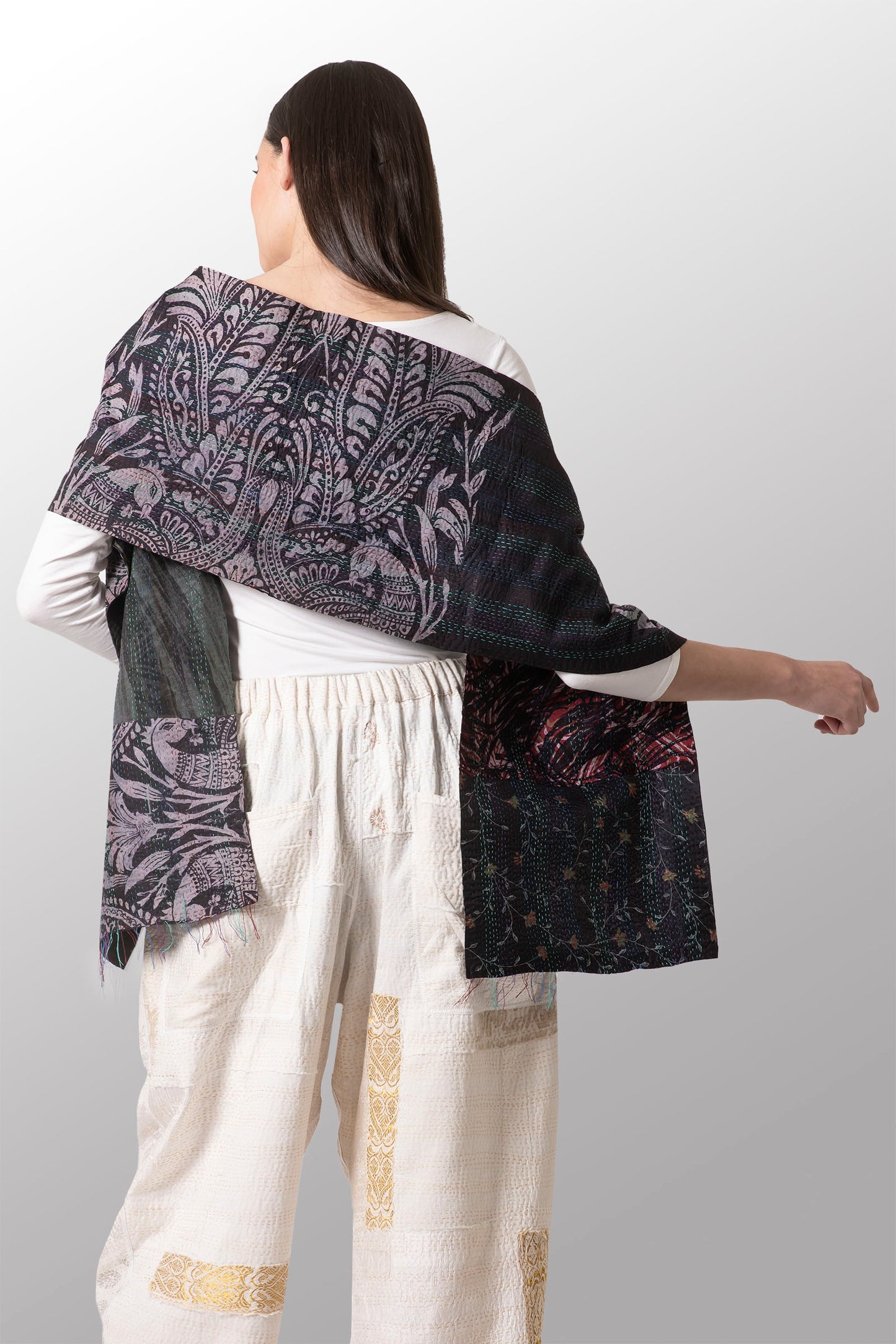 GEORGETTE VINTAGE SILK PATCH KANTHA SCARF SHORT - gs2805-mlt -