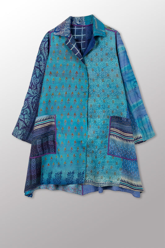 VINTAGE SILK KANTHA A-LINE DUSTER - sv2311-0016a -