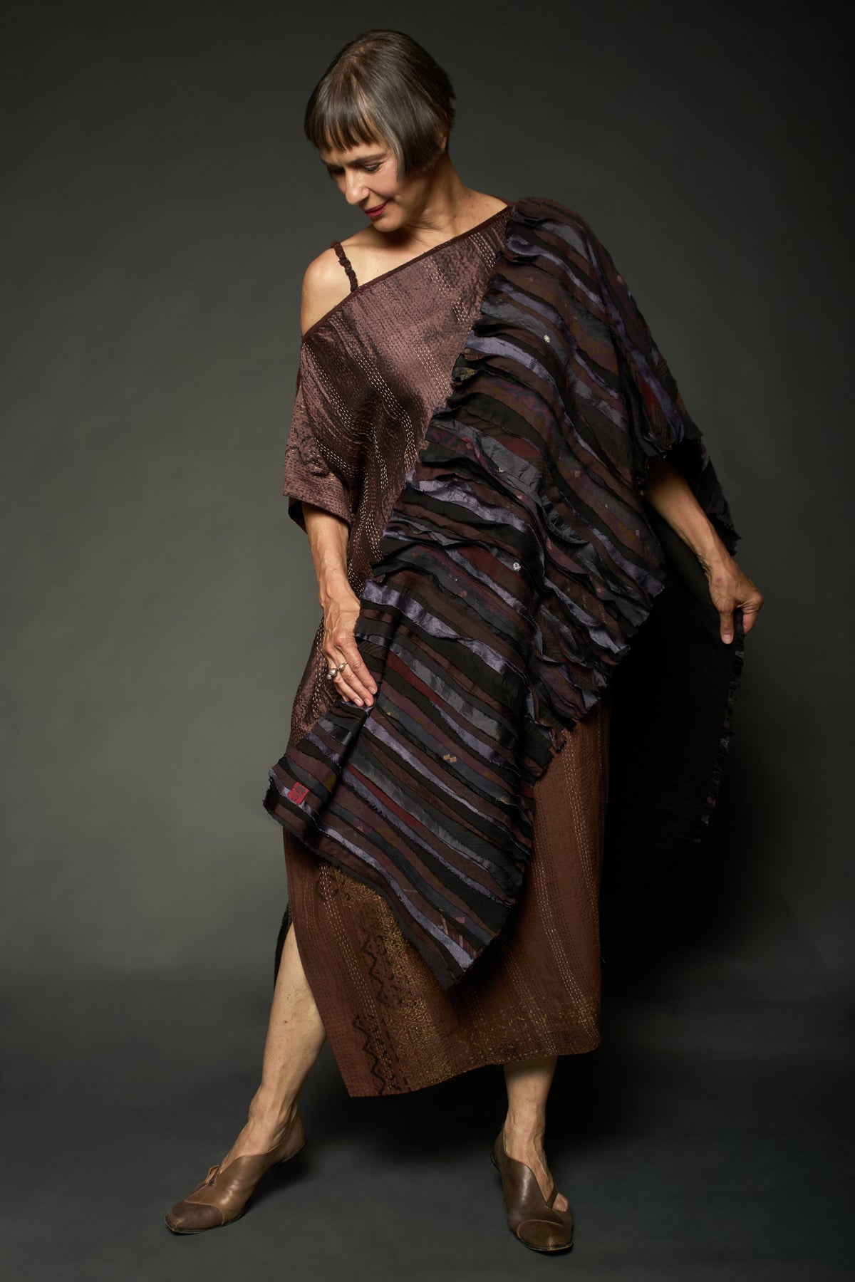 HALF SILK PATCH KANTHA ASYMMETRIC TUBE DRESS - hs2472-brn -
