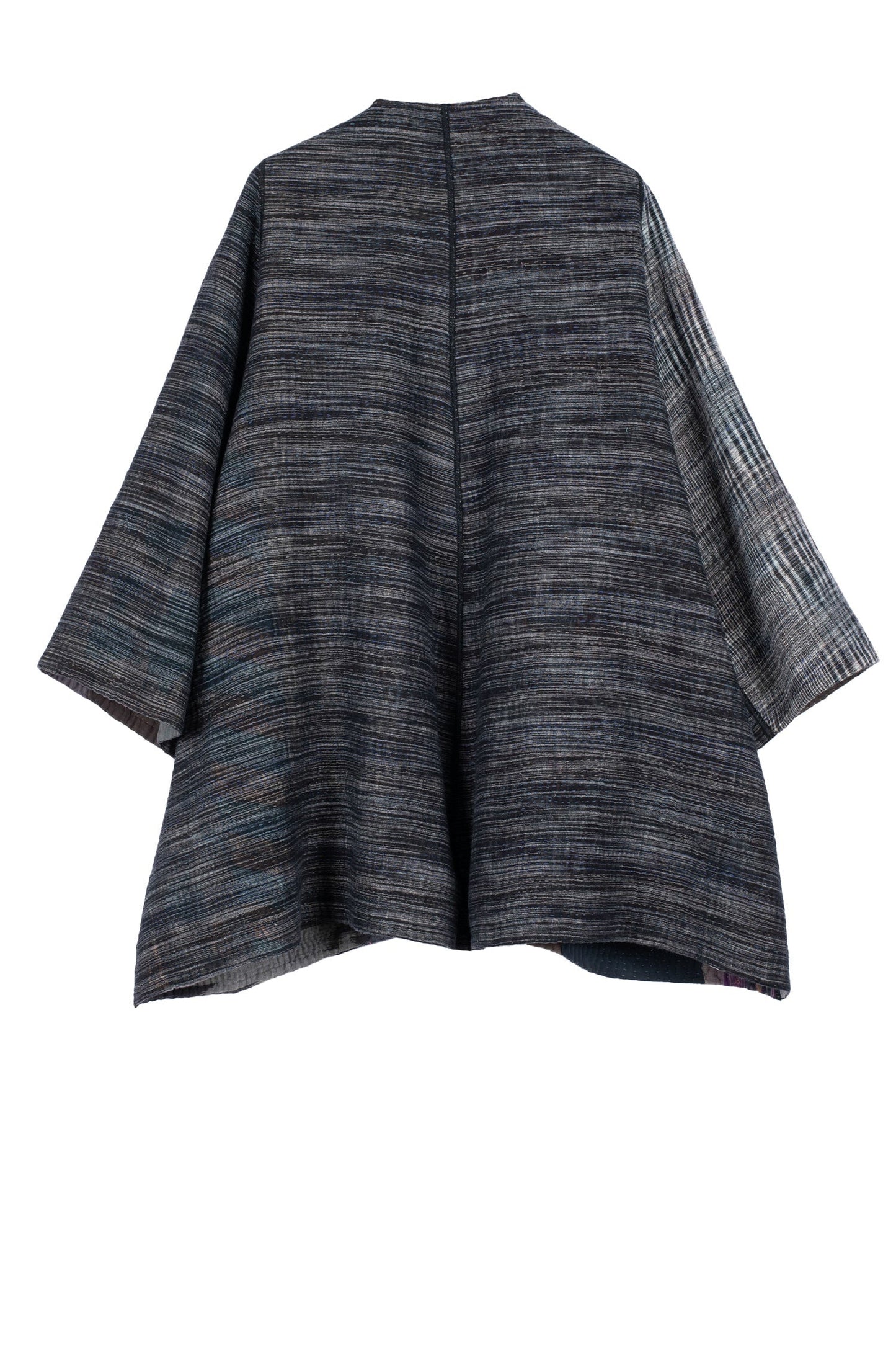 WOVEN IKAT & FRAYED PATCH KANTHA BELL SHAPE LONG JKT - wk4051-gry -