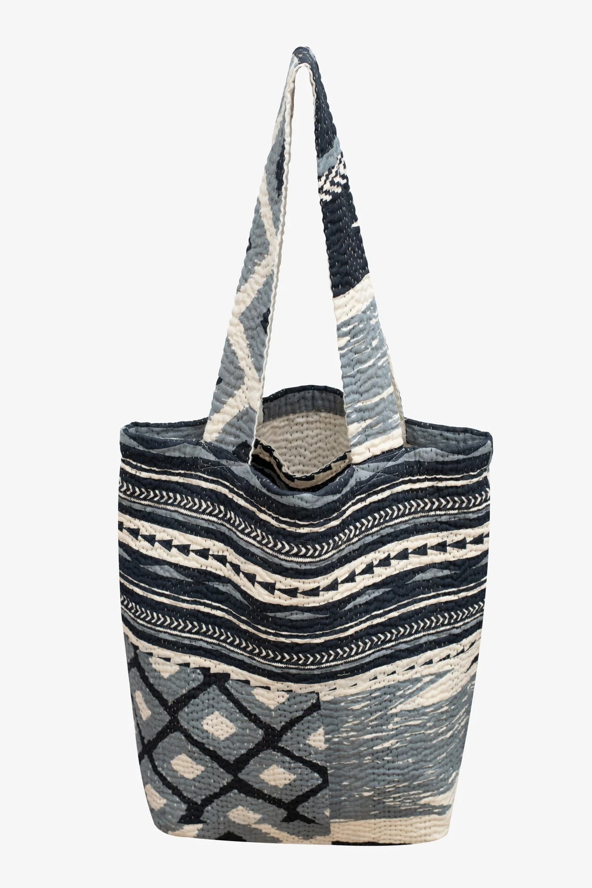 Monotone Ikat Handmade Vintage Kantha Tote Bag -Monotone Black