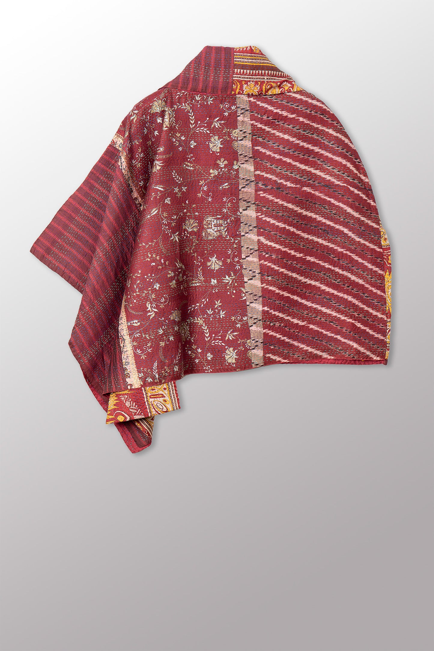 VINTAGE SILK KANTHA COWL NECK LONG CAPE - sv2842-0016a -