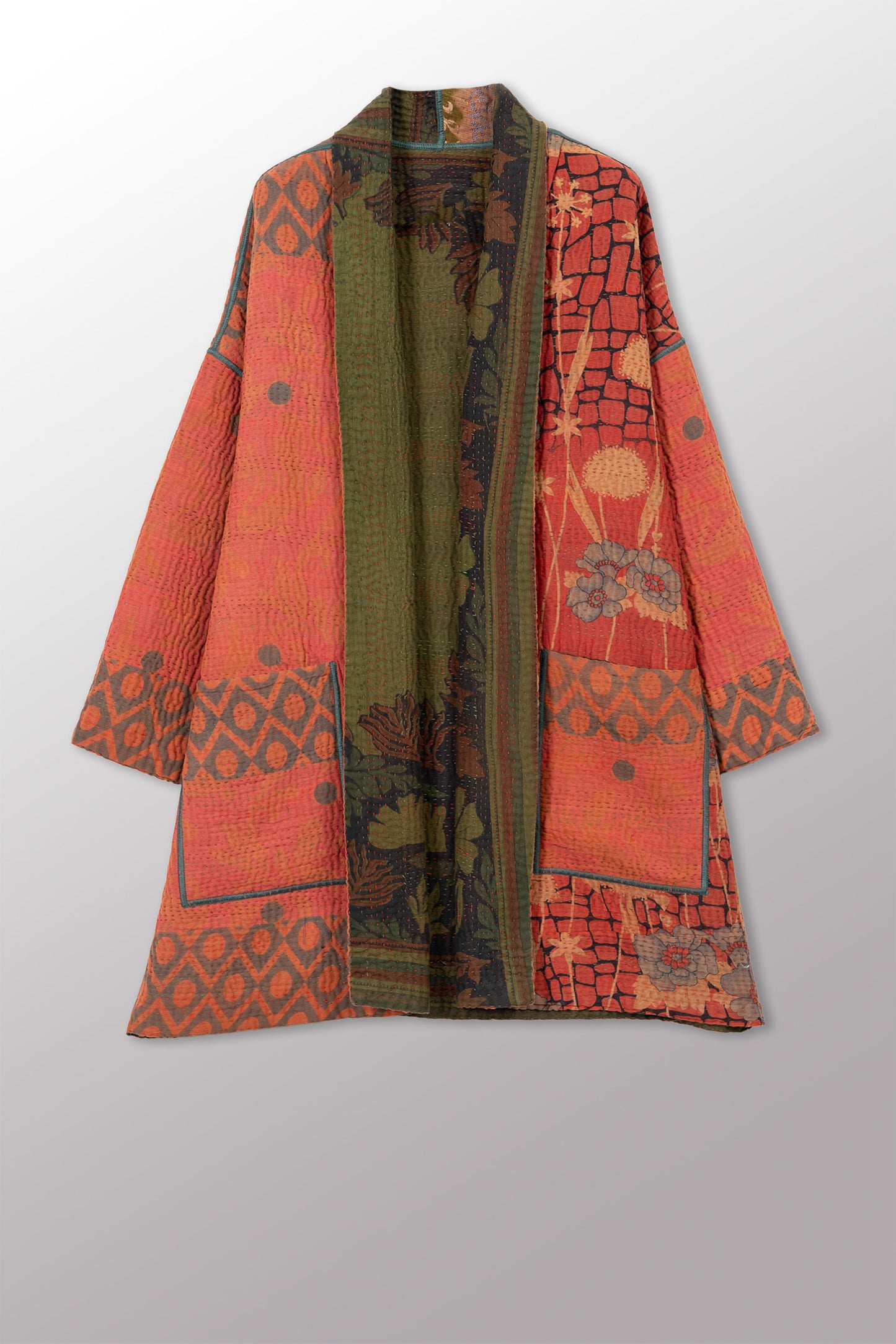 COTTON OVERDYE KANTHA HAORI JACKET - ov4068-cgrn001a -