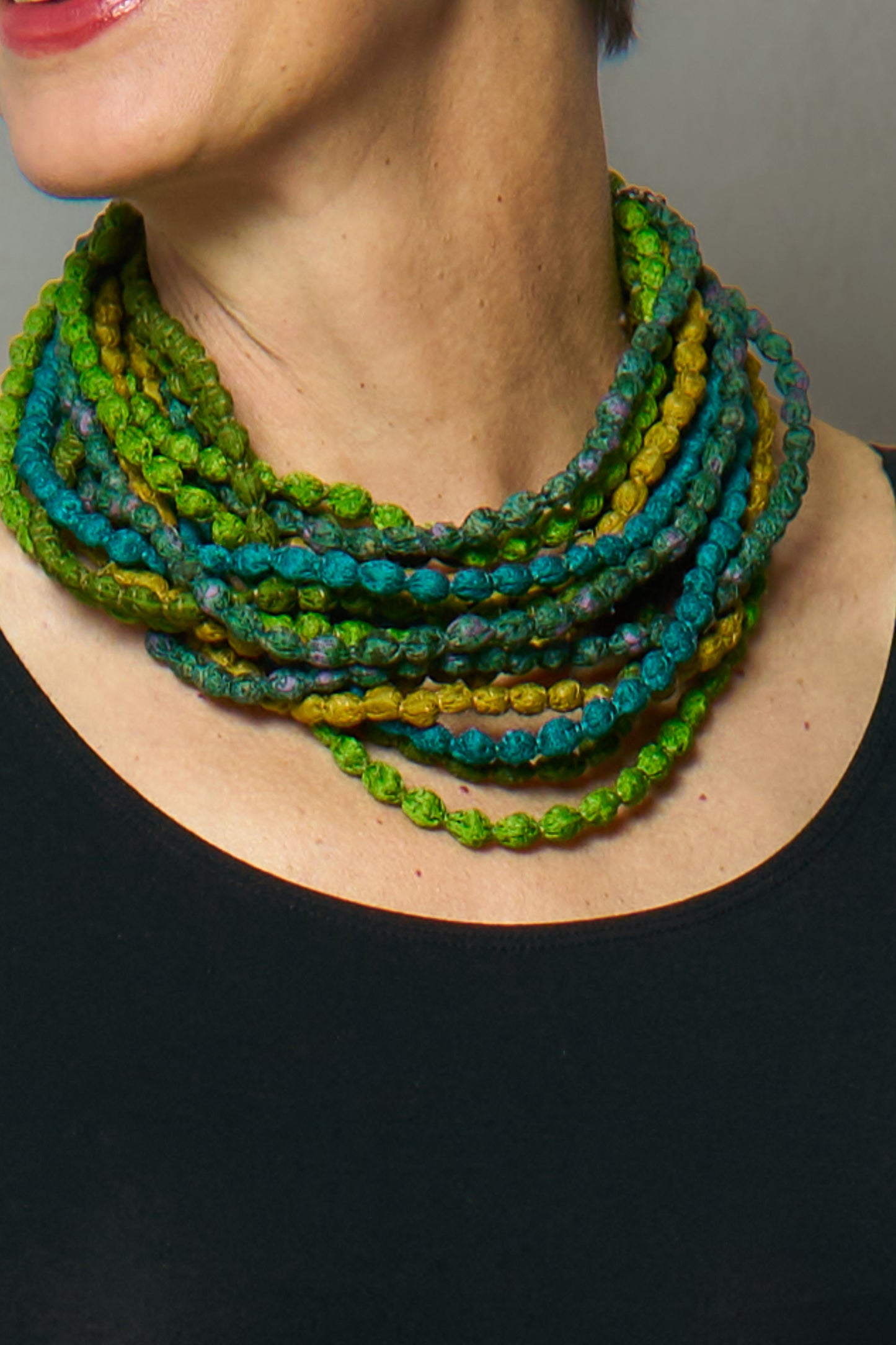 VINTAGE SILK KANTHA 5 STRAND NECKLACE - sv2730-grn -