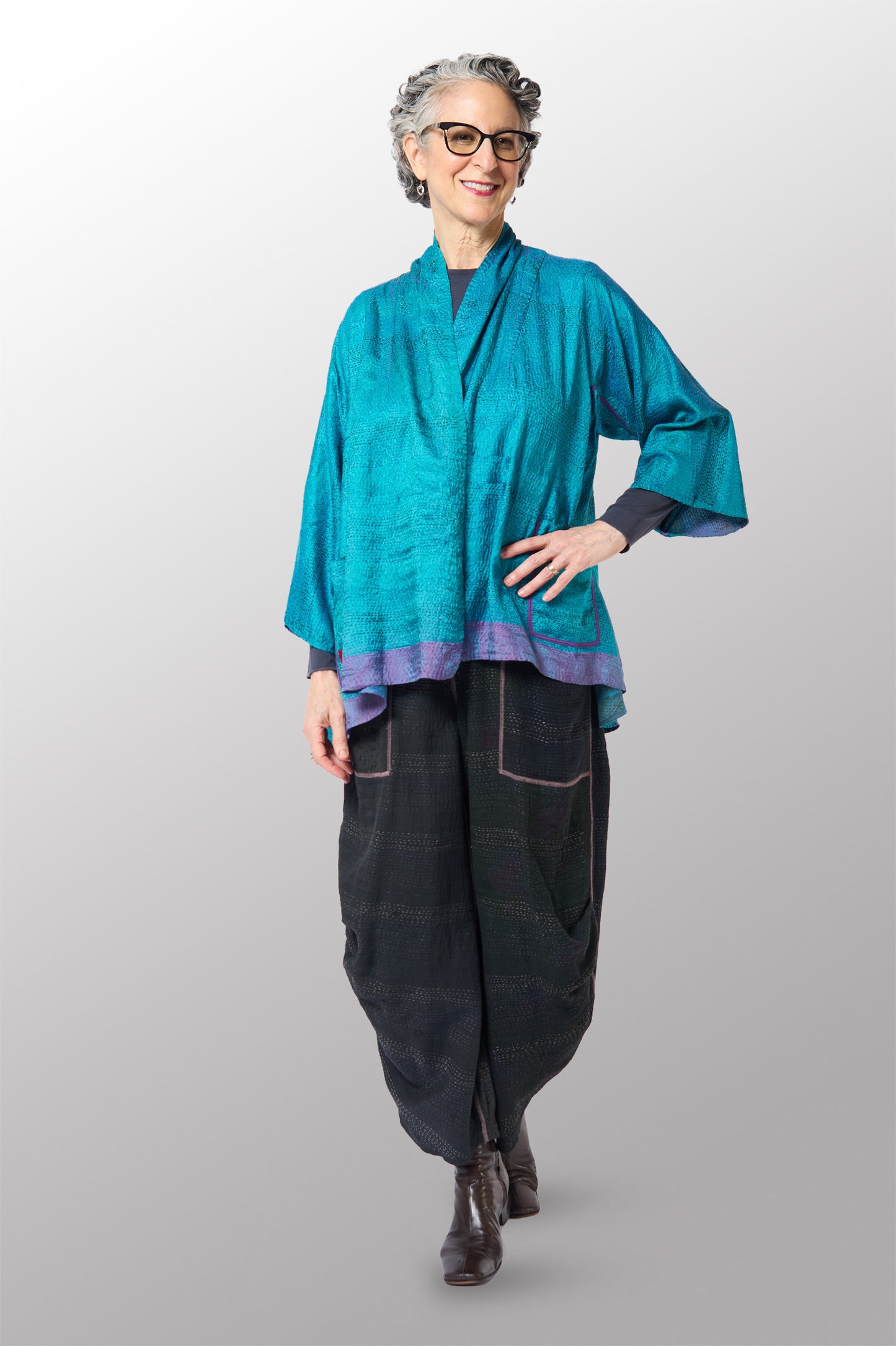 GEORGETTE JACQUARD VINTAGE SILK PATCH KANTHA KIMONO JACKET - gj2004-0001a -