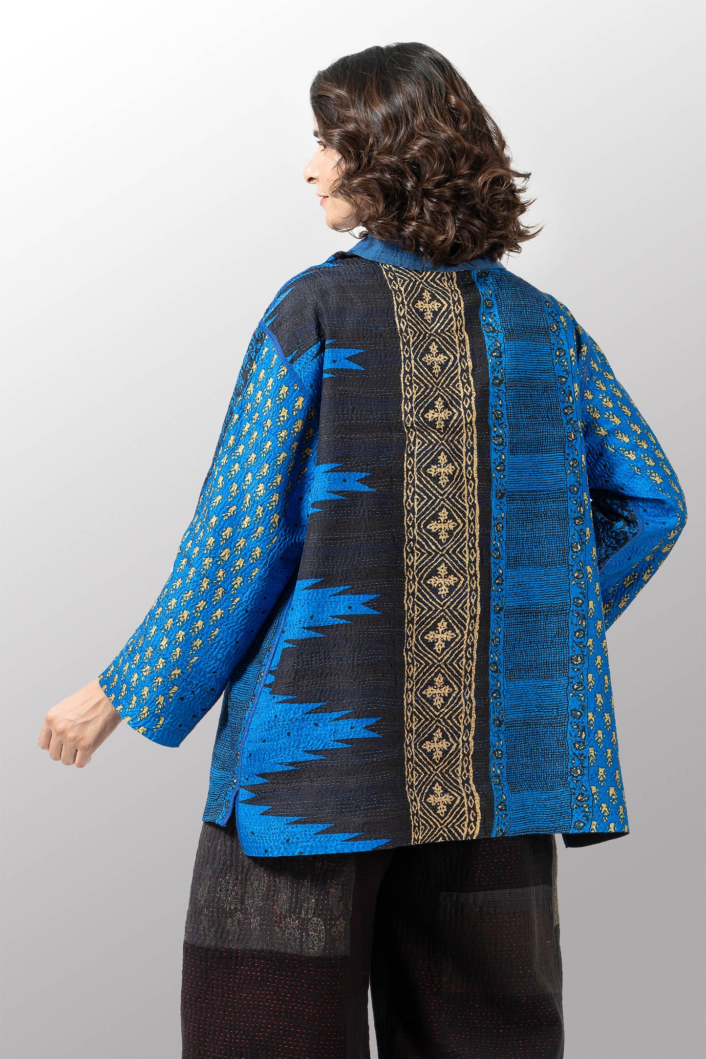 SILK COTTON OMBRE PRINT KANTHA STAND COLLAR TUNIC - os2509-blu -