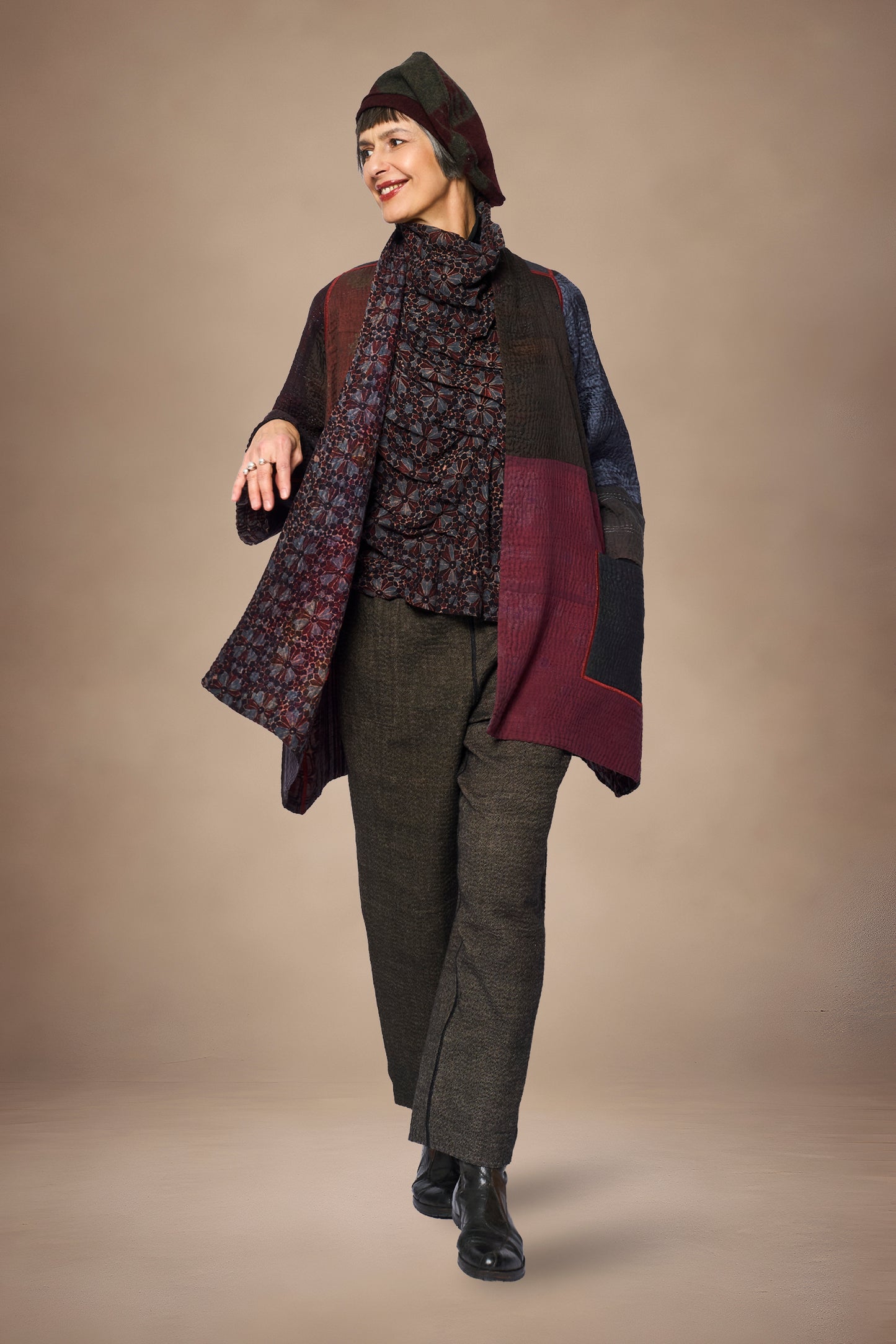 AJRAKH PRINT AND SILK COTTON PATCH KANTHA A-LINE JACKET - az4003-brn -