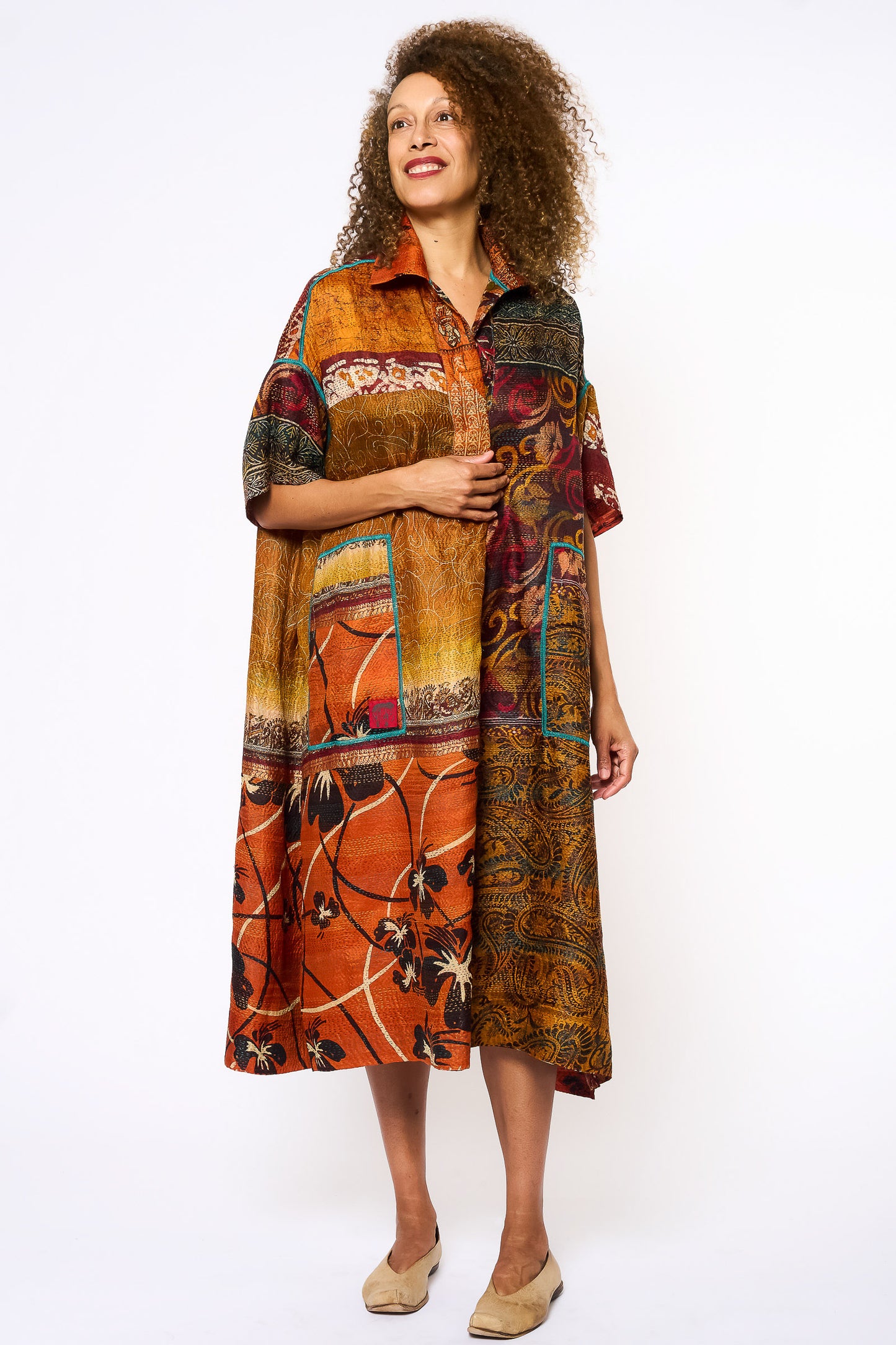VINTAGE SILK KANTHA WING COLLAR DRESS - sv2454-0002a -