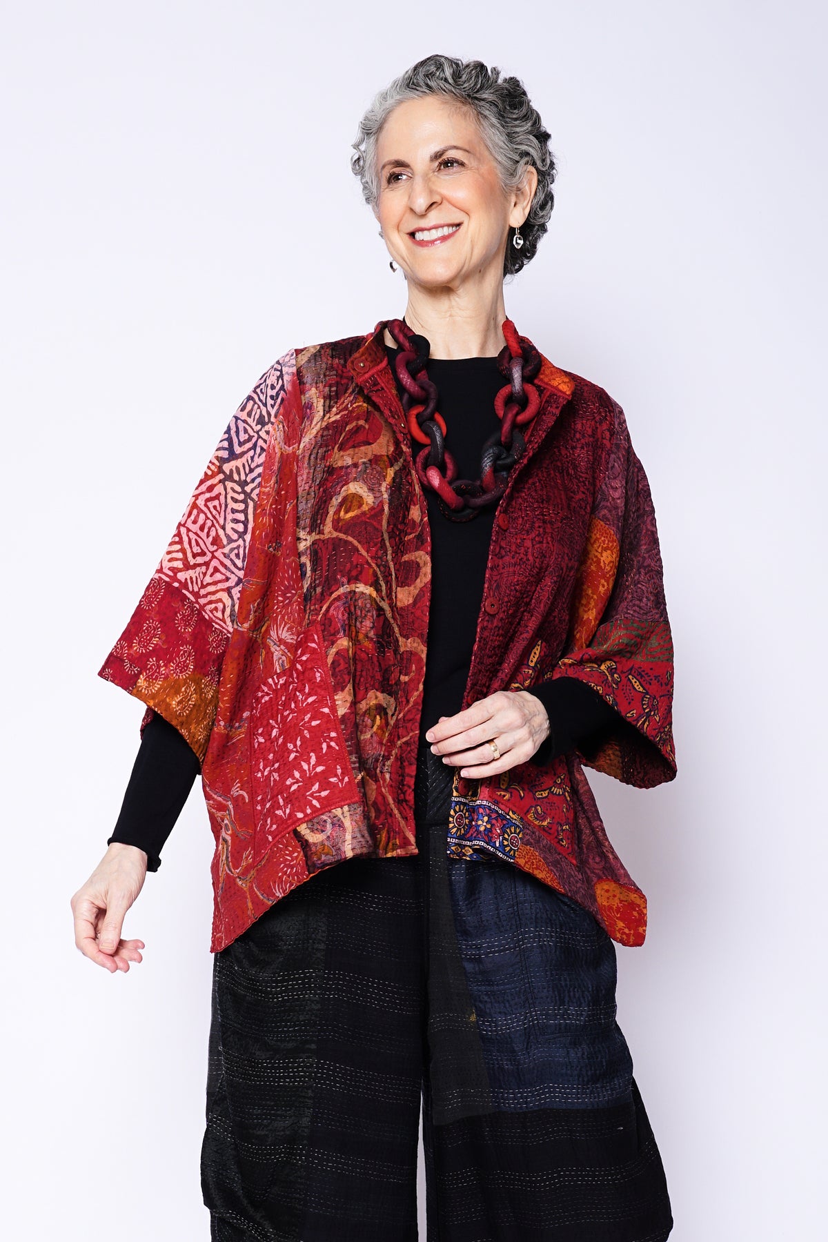 JACQUARD SILK KANTHA BAND COLLAR DOLMAN TOP - js4t101-mar -