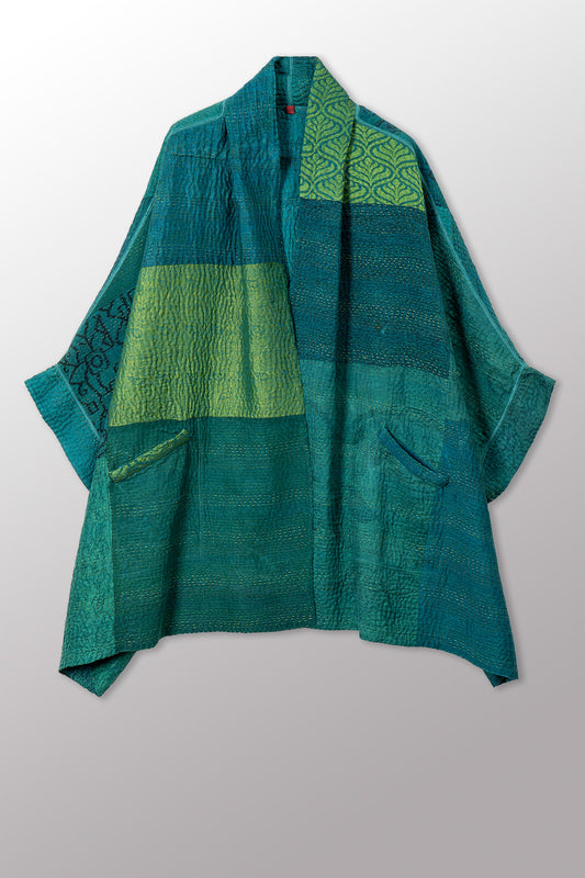 GEORGETTE JACQUARD VINTAGE SILK PATCH KANTHA DOUBLE COLLAR PONCHO - gj4323-grn -