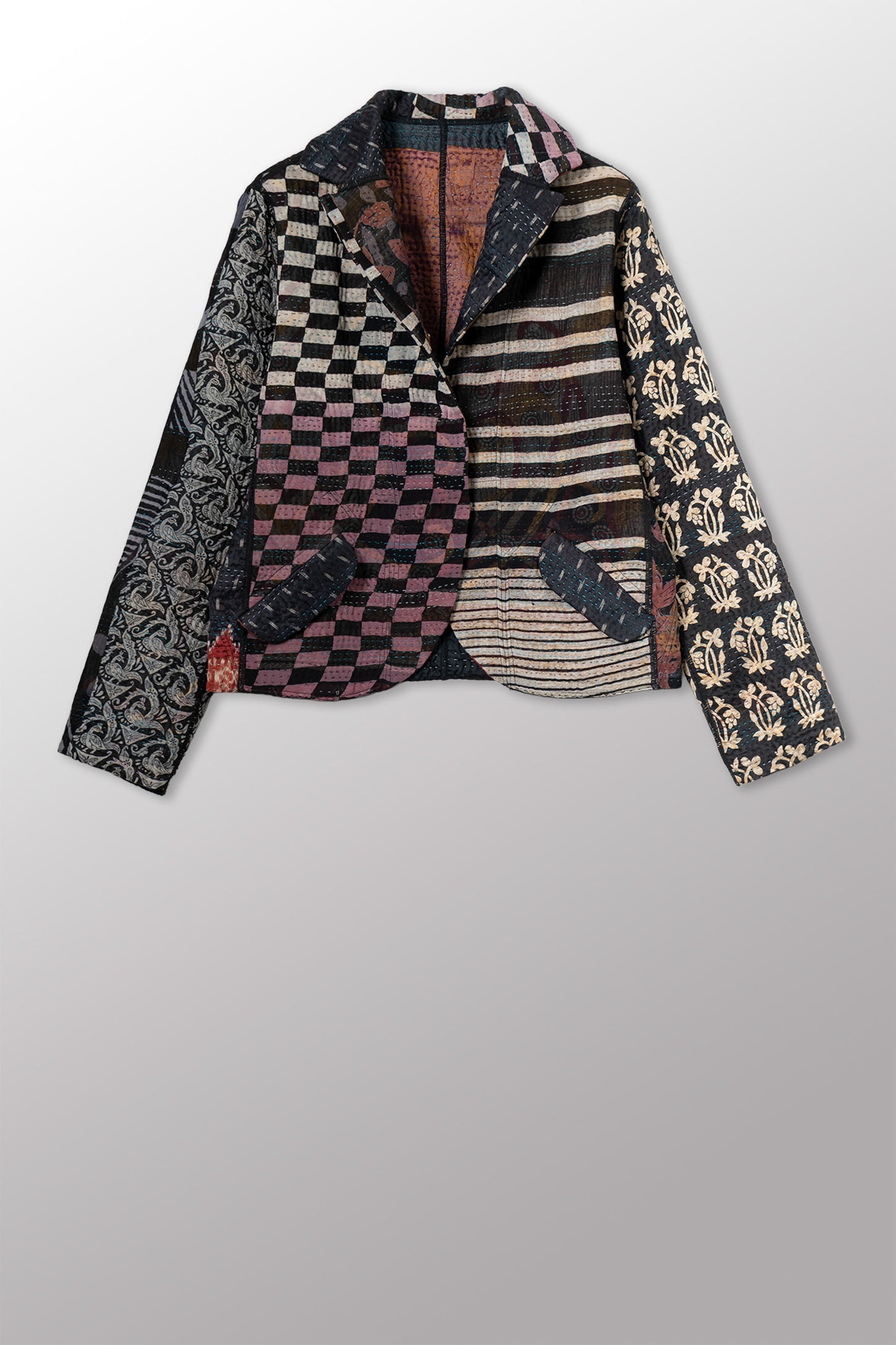 JACQUARD SILK KANTHA CROPPED BASIC JACKET - js4096-cblk001s -