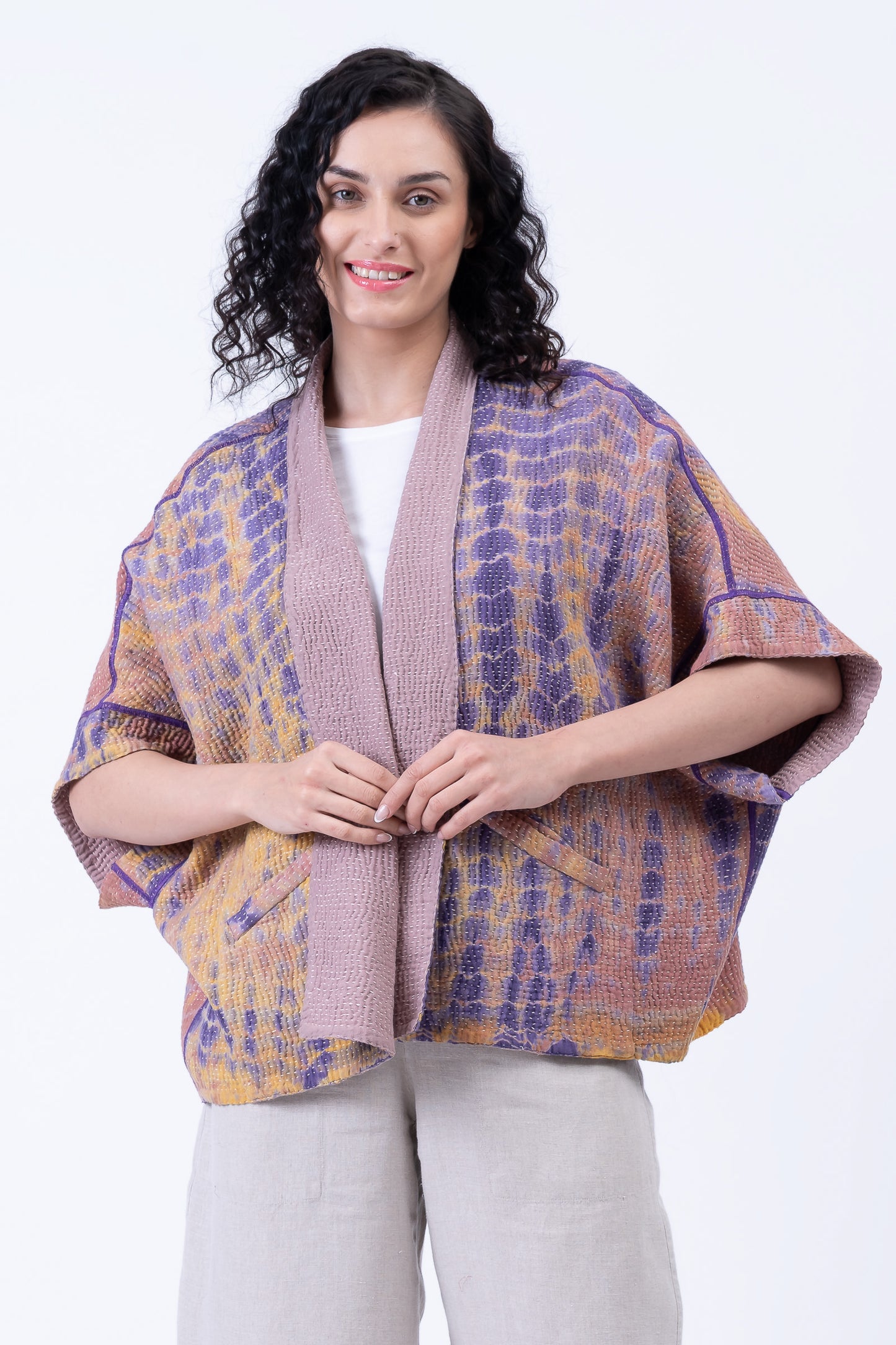 MONE SHIBORI TIE DYE KANTHA MINI PONCHO - ms5060-prp -