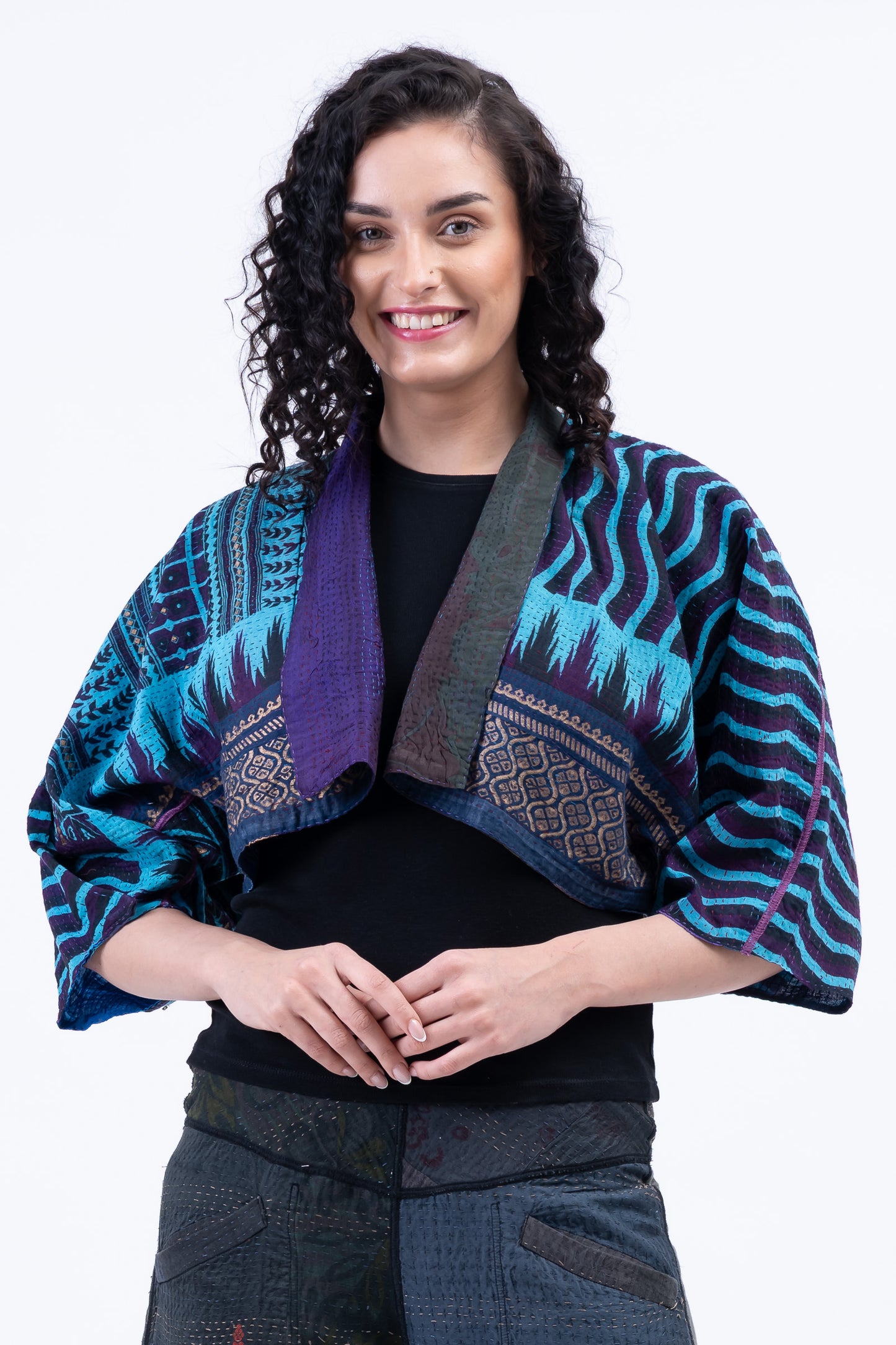 DESERT WAVES KANTHA PUFF SLV. SHRUG - dw2062-blu -