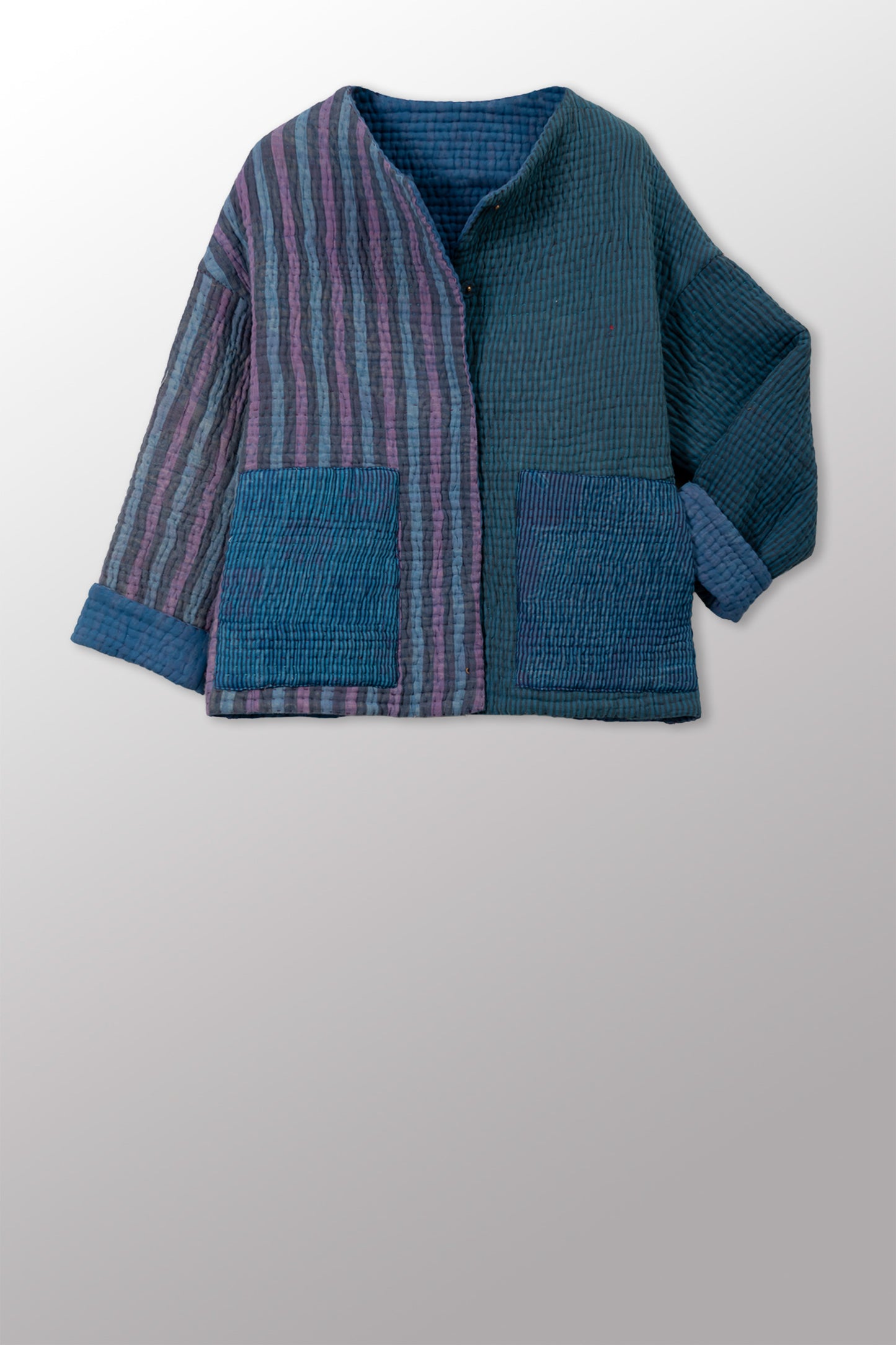QUILTED OVERDYE COTTON KANTHA CREW NECK SHORT JKT - oq5053-cblu003a -