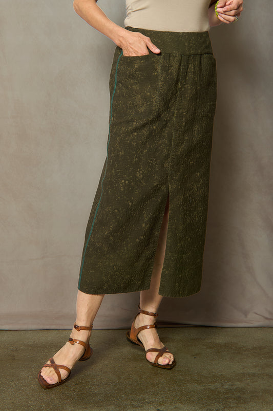 DUCK SUN DYE WITH PATCH KANTHA FRONT VENT PENCIL SKIRT - us2666-grn -