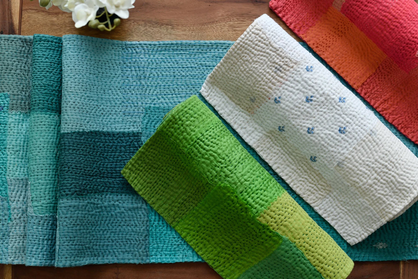 Mosaic Fray Patch Handmade Table Runner - Lime Green