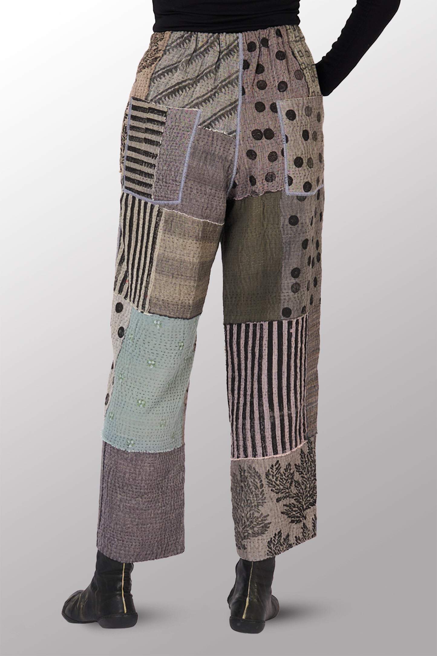 FRAYED PATCH KANTHA  WITH STAMP STRAIGHT PANTS - sp-fi4664-gry -