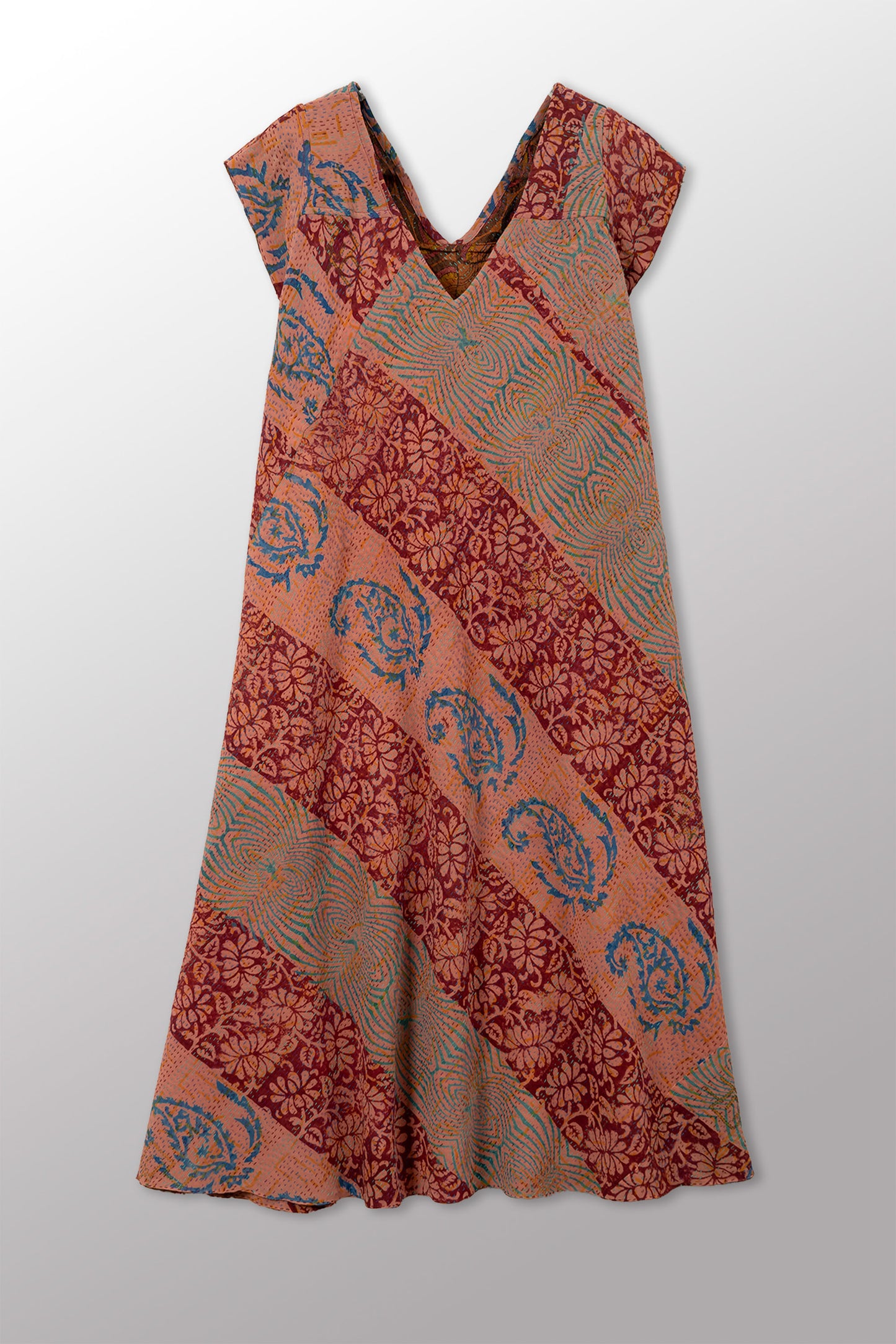 GEORGETTE JACQUARD VINTAGE SILK PATCH KANTHA CAP SLV. FLARE DRESS - gj2425-0001m -