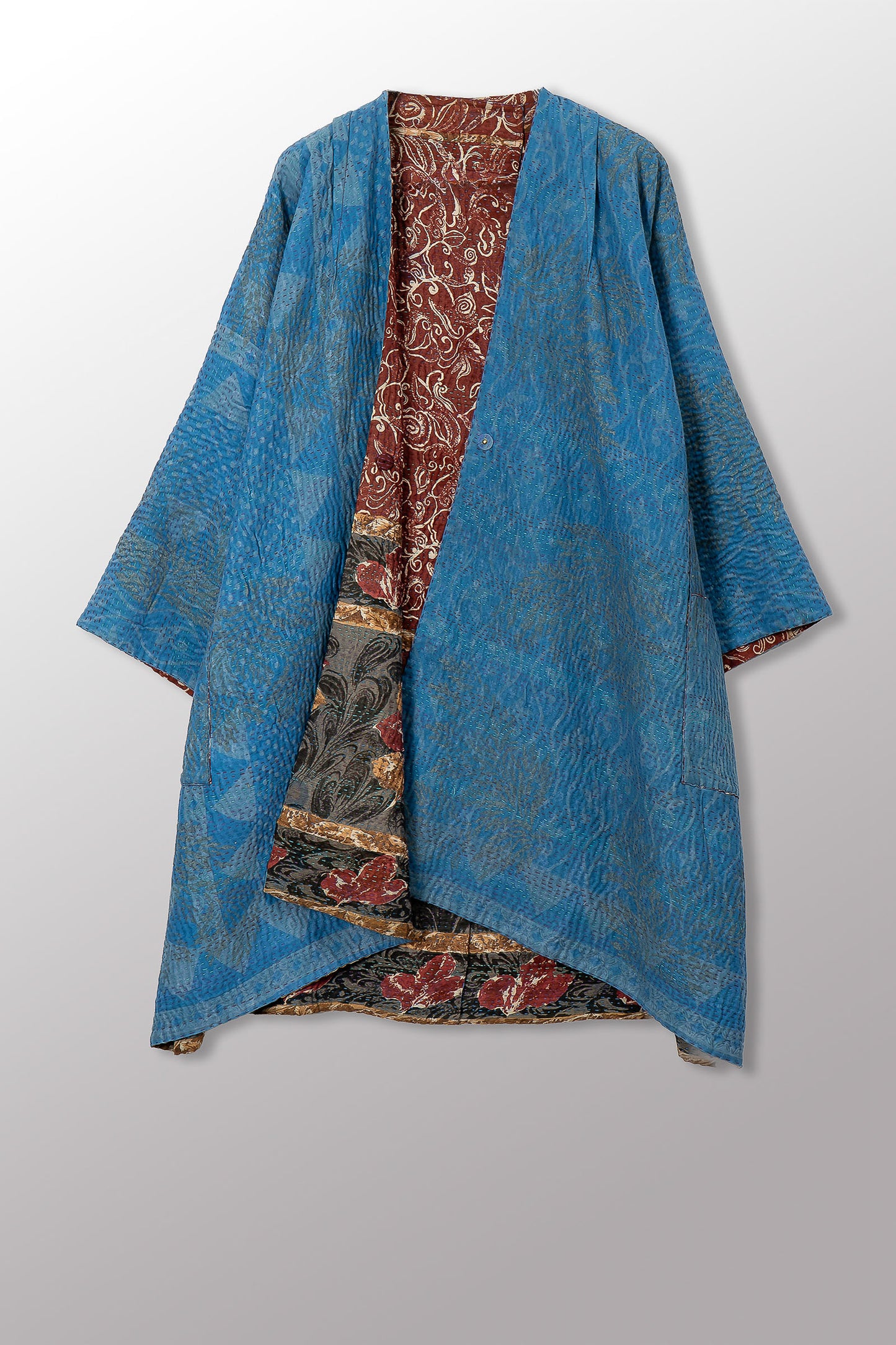 VINTAGE SILK GEORGETTE COTTON KANTHA KIMONO DUSTER - gc4317-0001a -