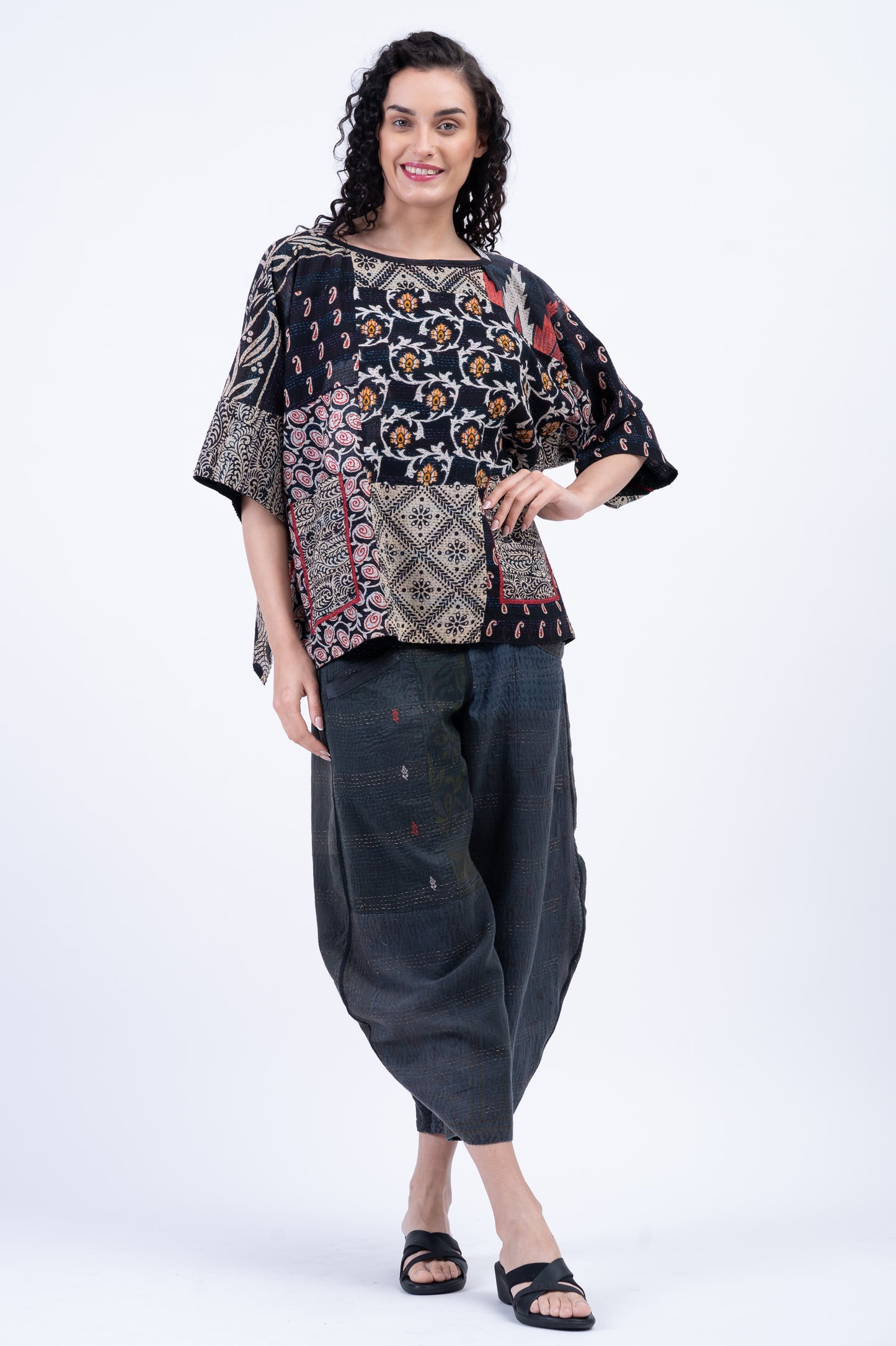 PATCH & CIRCLE PRINT KANTHA BOAT NECK DOLMAN TOP - pc2t100-blk -