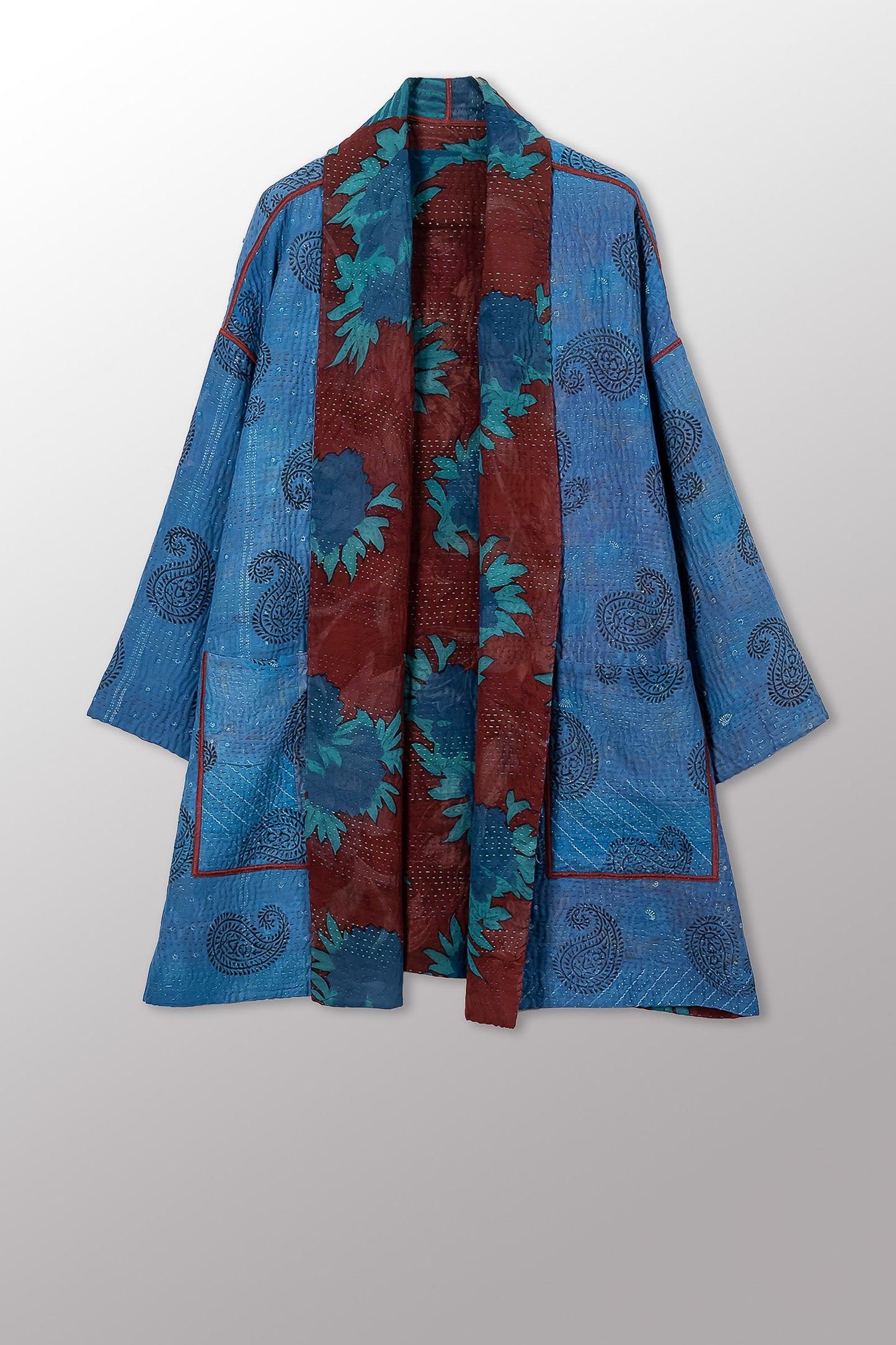 VINTAGE SILK GEORGETTE COTTON KANTHA HAORI JACKET - gc4068-0004a -