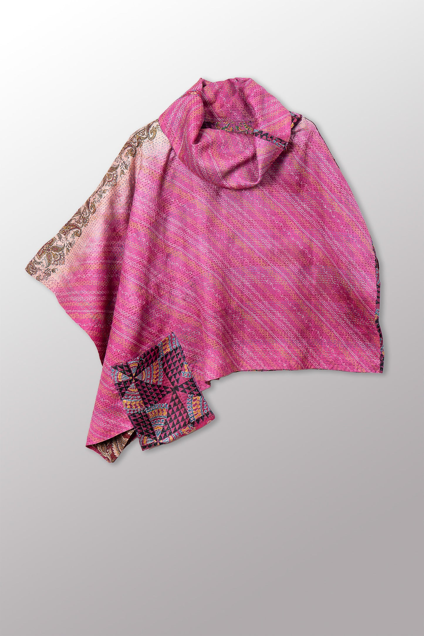 VINTAGE SILK KANTHA COWL NECK LONG CAPE - sv2842-0008a -