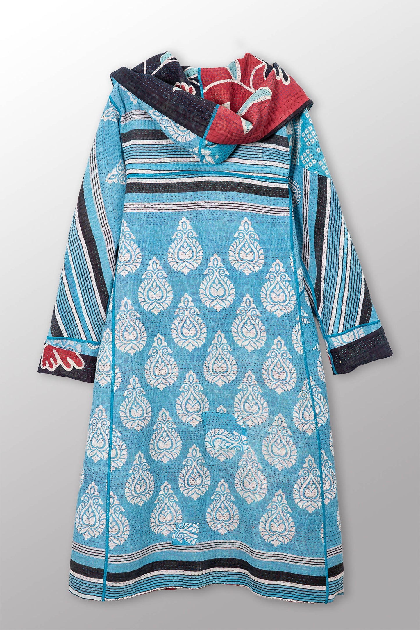 VINTAGE COTTON KANTHA HOODED A-LINE LONG COAT - cv4306-0005a -