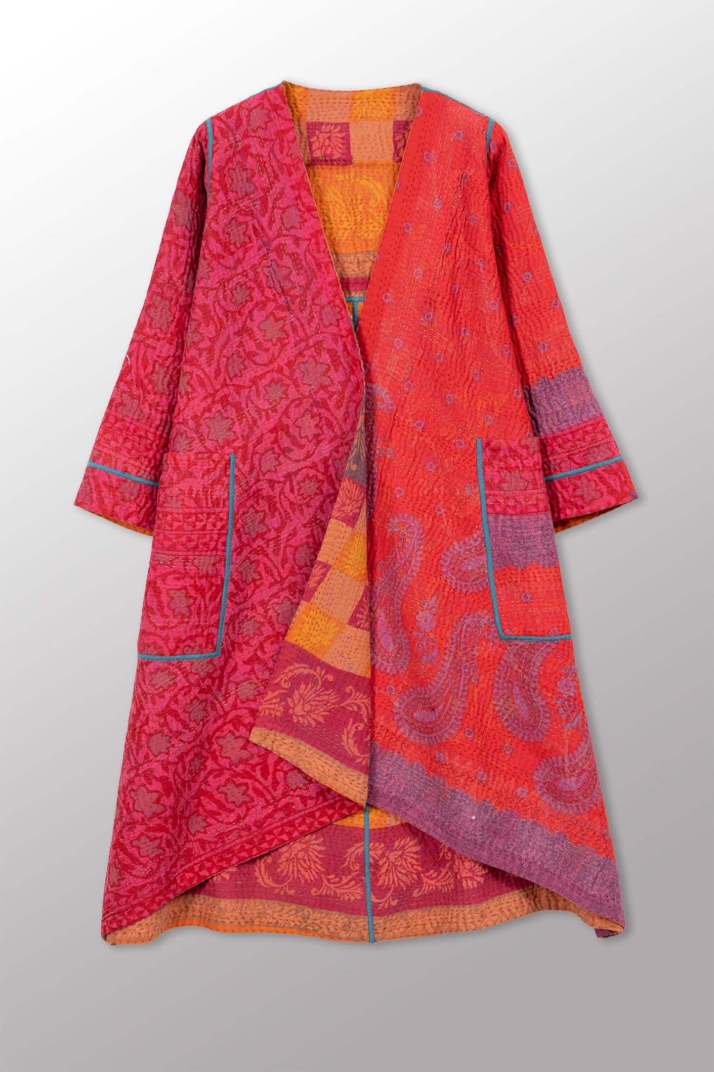 VINTAGE COTTON KANTHA WRAP FLARE COAT - cv4330-0029a -