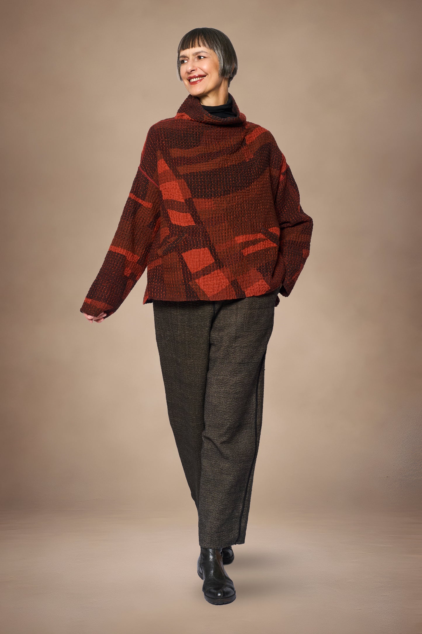 ABSTRACT WAFFLE KANTHA FUNNEL NECK PULLOVER - bw3t106-org -