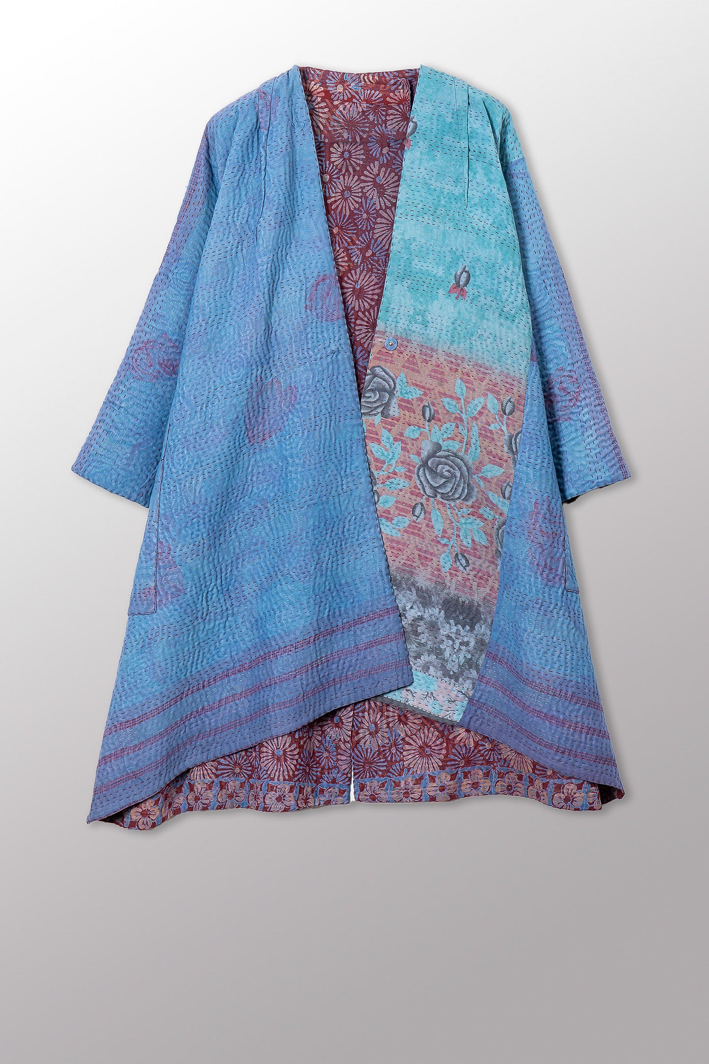 VINTAGE SILK GEORGETTE COTTON KANTHA KIMONO DUSTER - gc4317-0002a -