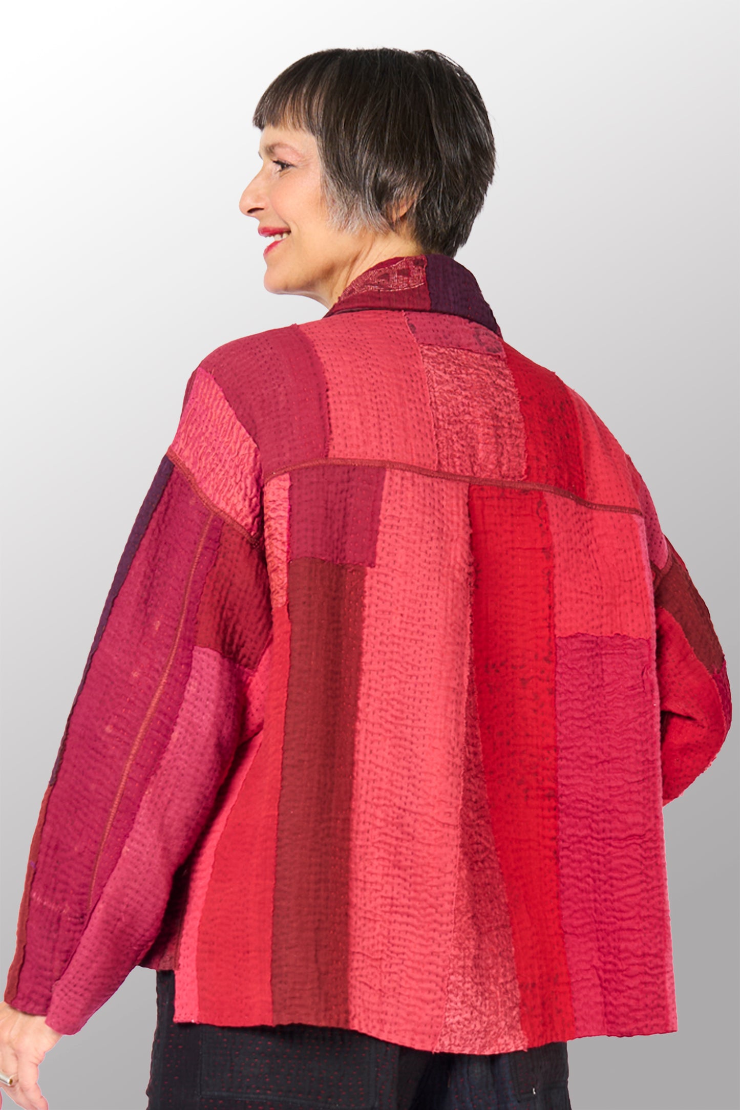 STRIPE AND CHECK COTTON SILK PATCH KANTHA CROPPED SHIRT JACKET - ss4075-red -