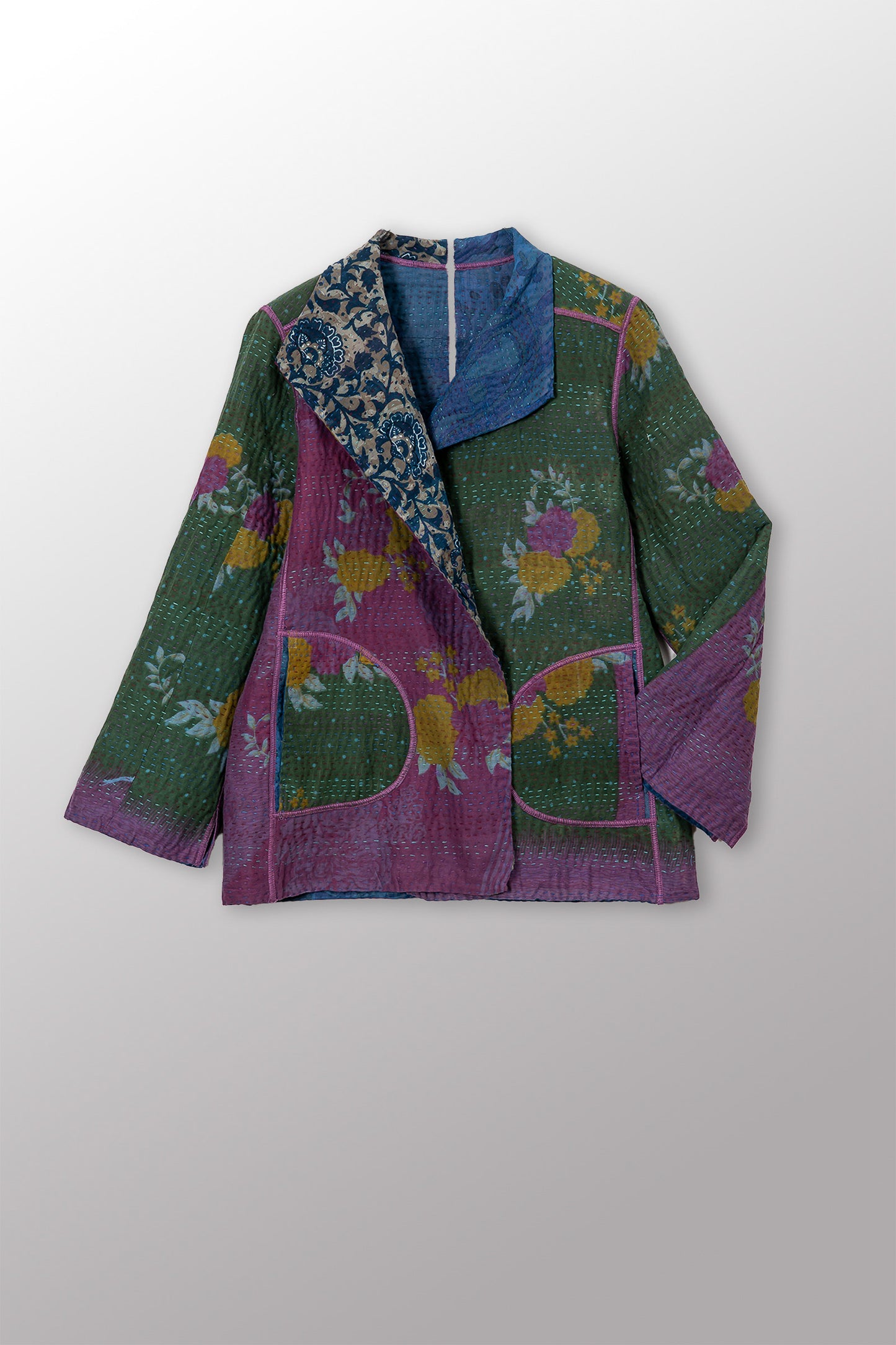 VINTAGE SILK GEORGETTE COTTON KANTHA SHORT JACKET - gc4007-0005m -