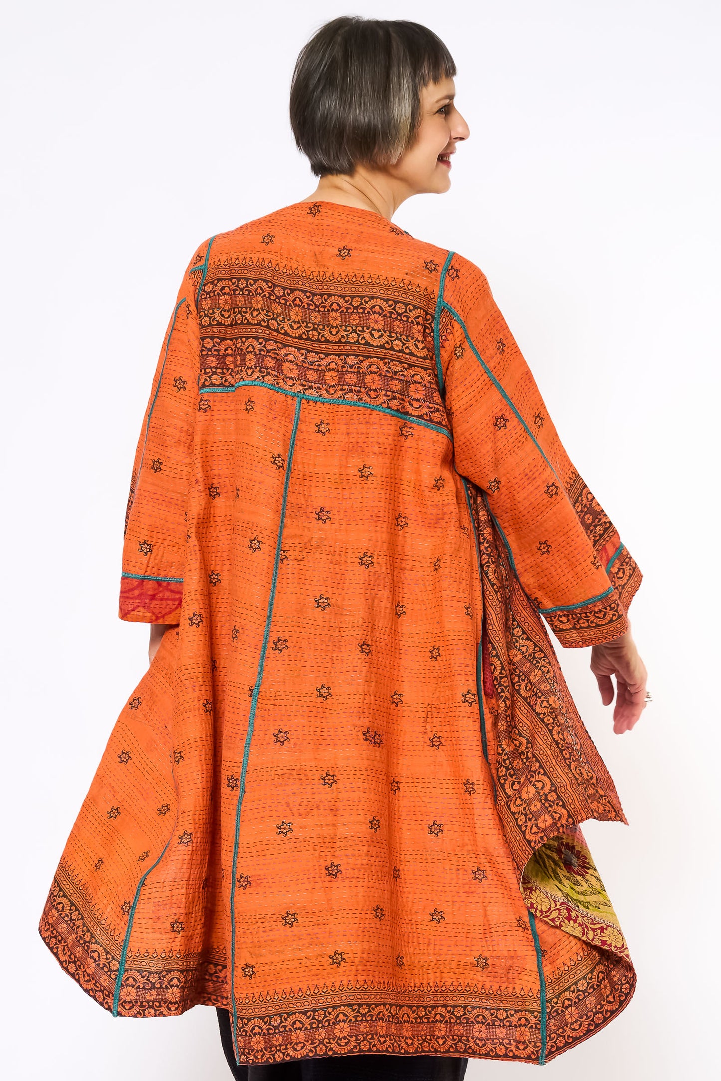 COTTON OVERDYE KANTHA WRAP FLARE COAT - ov2330-corg003a -