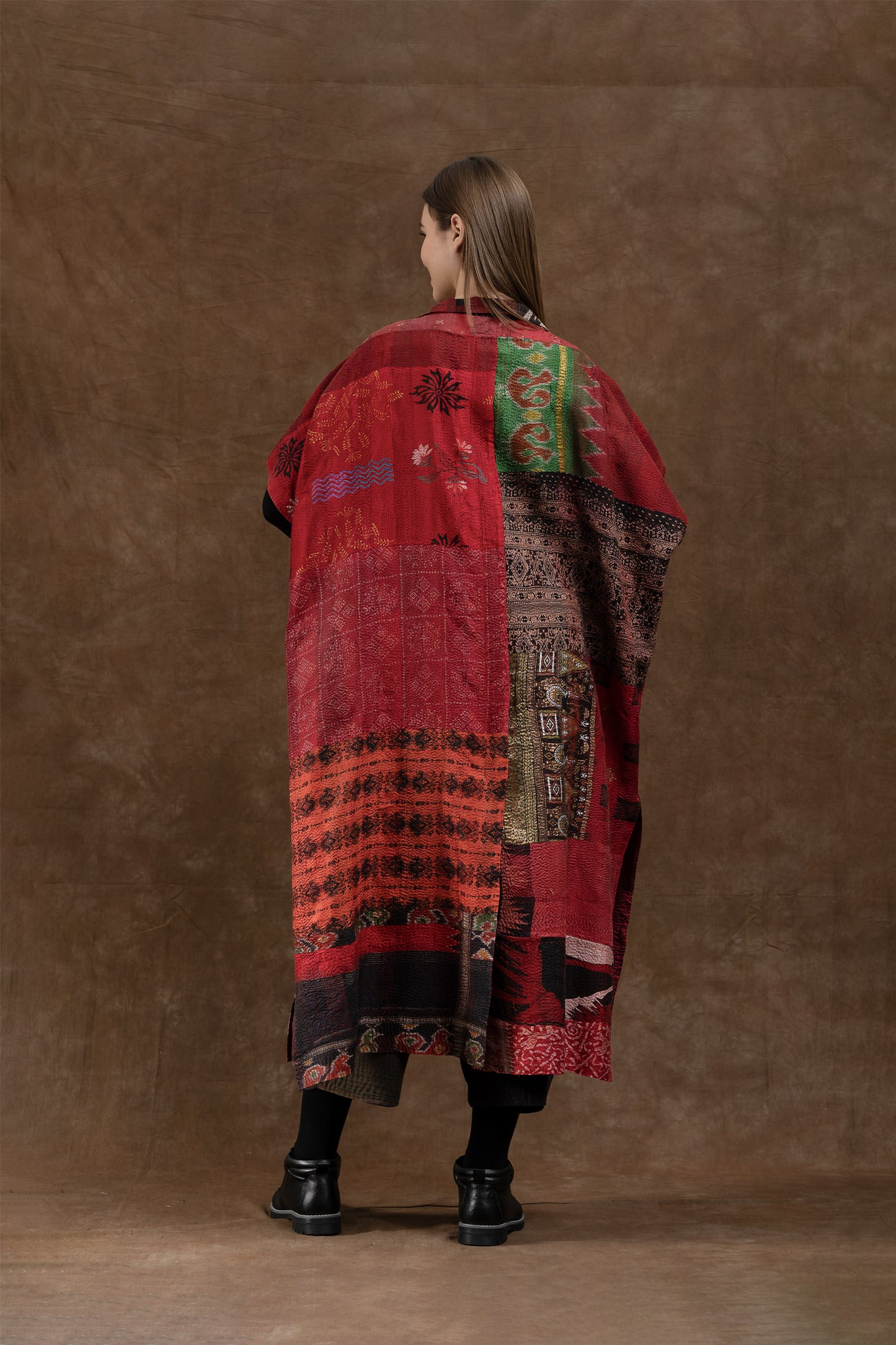 VINTAGE SILK PATCH KANTHA PONCHO DRESS - vp2443-red -