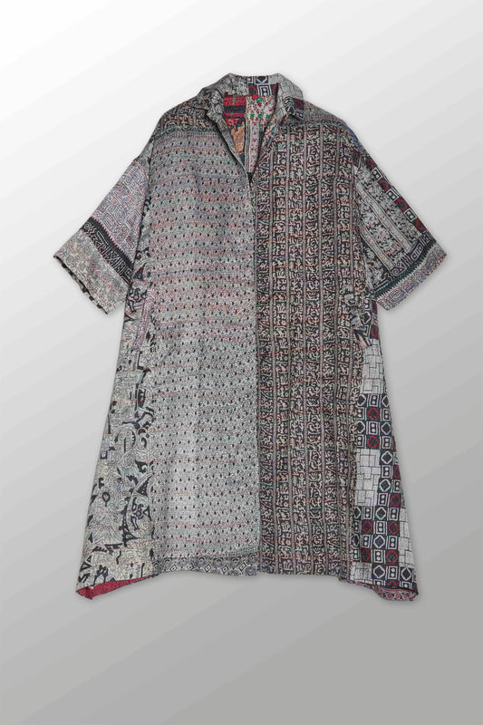 VINTAGE SILK KANTHA 3/4 SLV. SHIRT DRESS - sv2459-0001s -