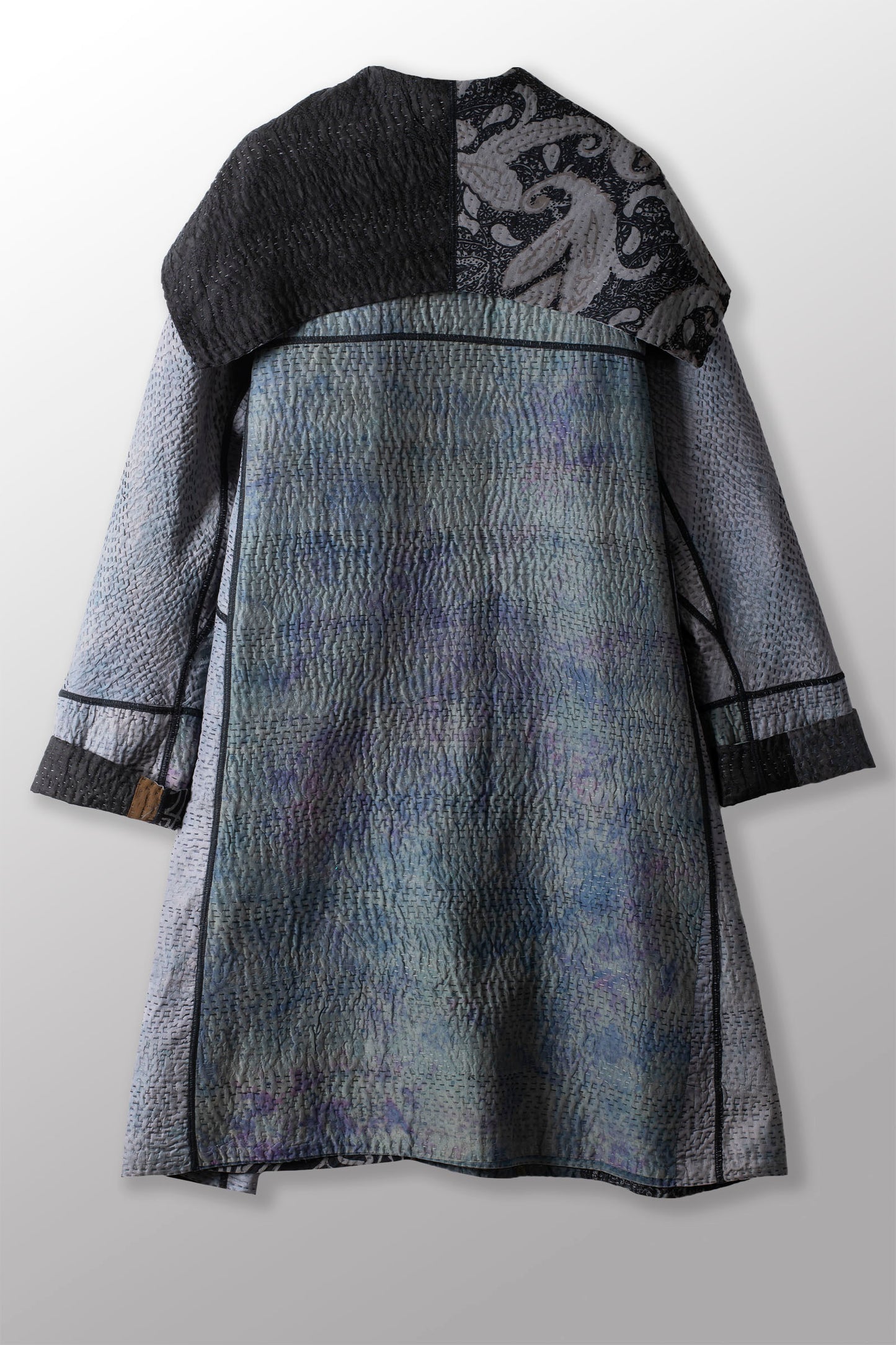GEORGETTE JACQUARD VINTAGE SILK PATCH KANTHA A-LINE COAT - gj4309-blk -