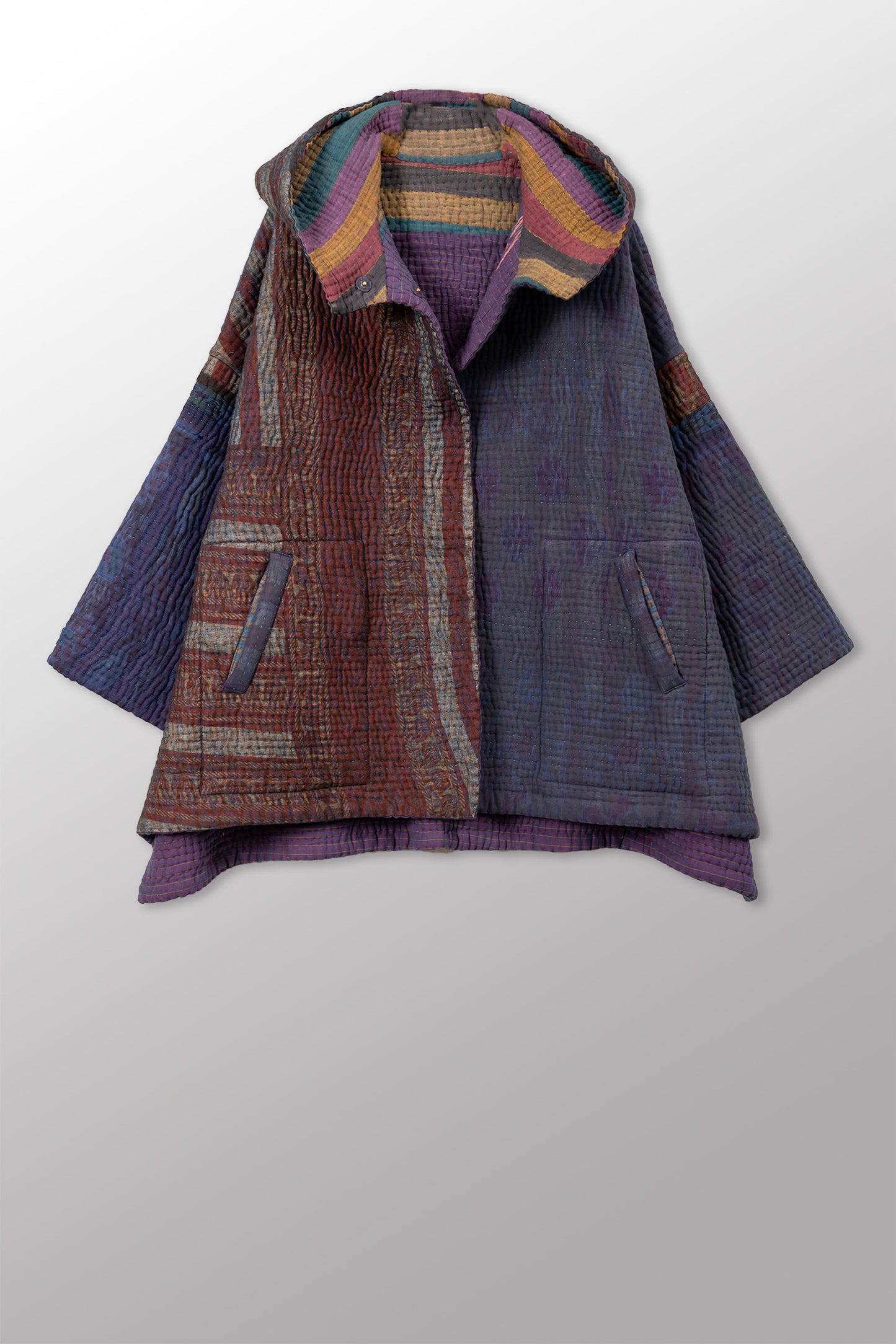 QUILTED OVERDYE COTTON KANTHA HOODIE PONCHO - oq5064-cblu005a -