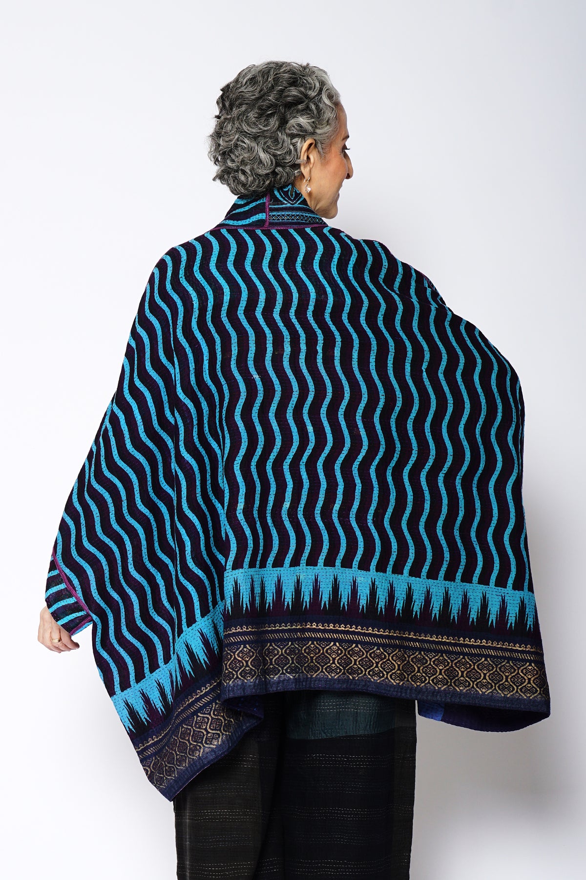 DESERT WAVES KANTHA DOUBLE COLLAR PONCHO - dw2323-blu -