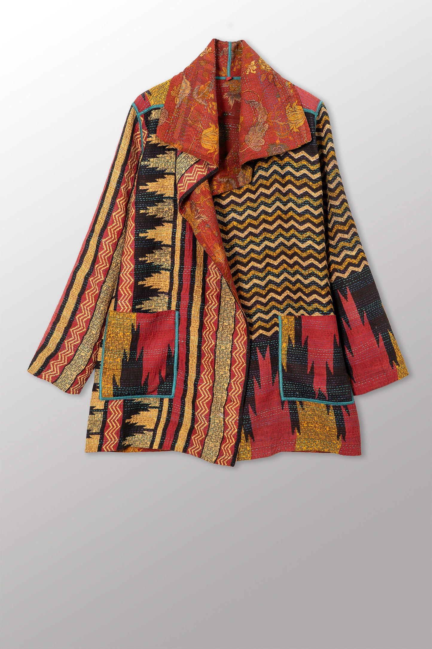 VINTAGE SILK GEORGETTE COTTON KANTHA POCKET JKT - gc2002-0015a -